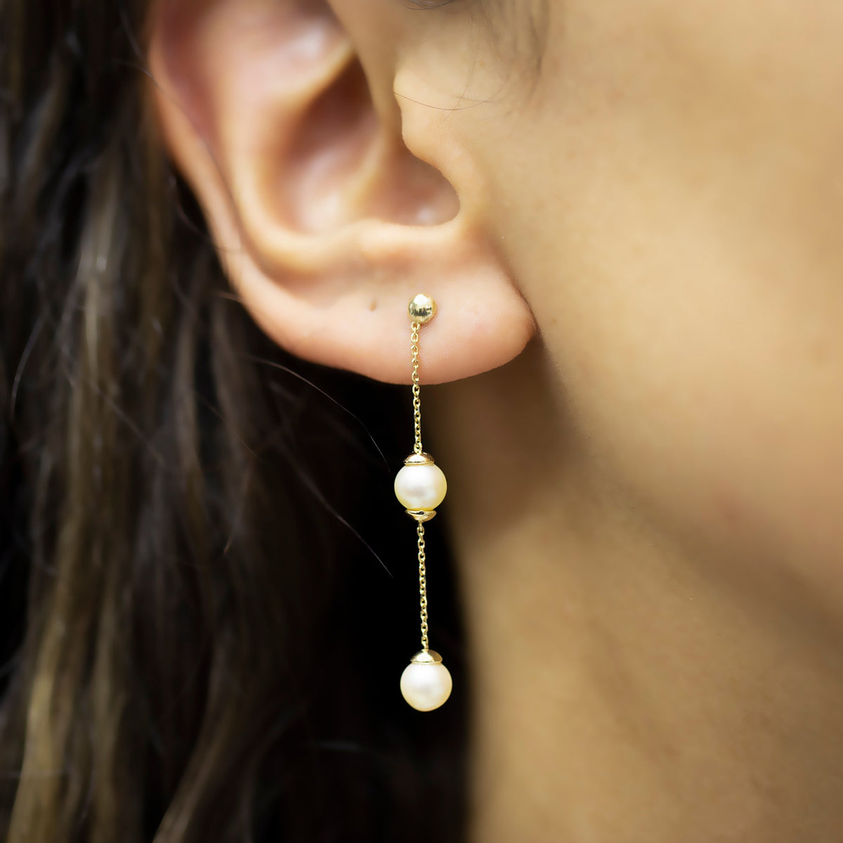 14K Gold Pearl Long Dangle Earrings