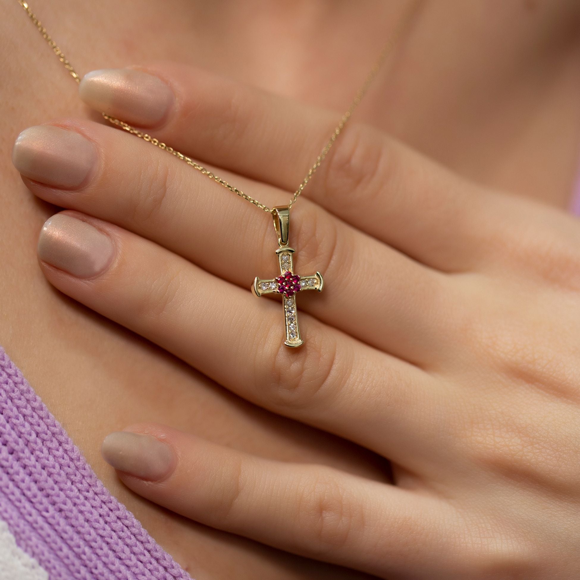 14K Gold Diamond Ruby Cross Woman Necklace