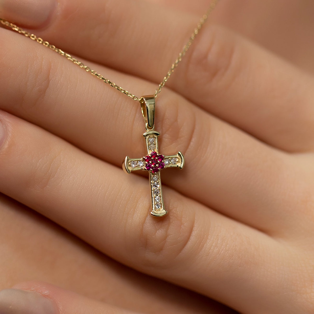 14K Gold Diamond Ruby Cross Woman Necklace