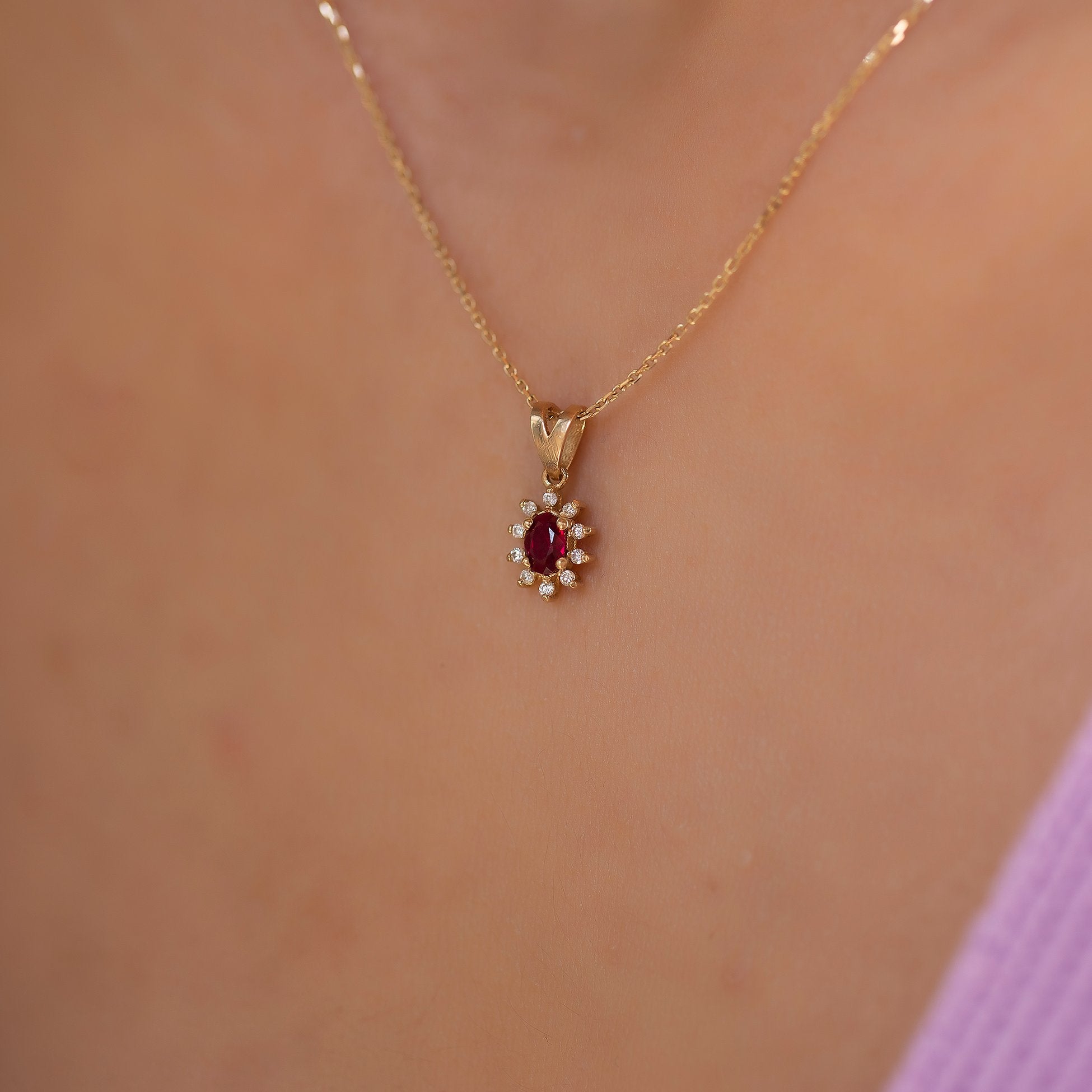 14K Gold Diamond Oval Cut Ruby Necklace