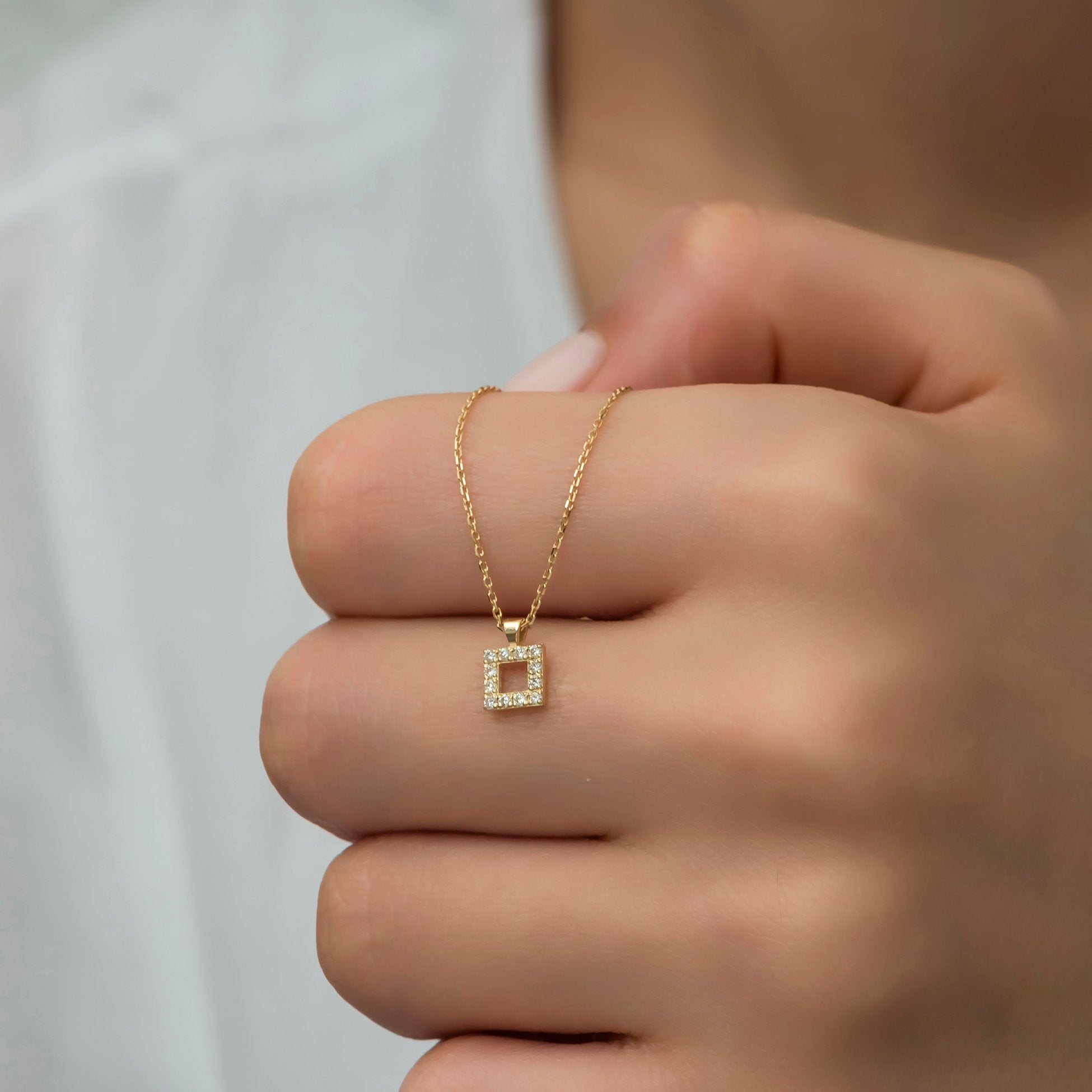 14K Gold Diamond Square Necklace