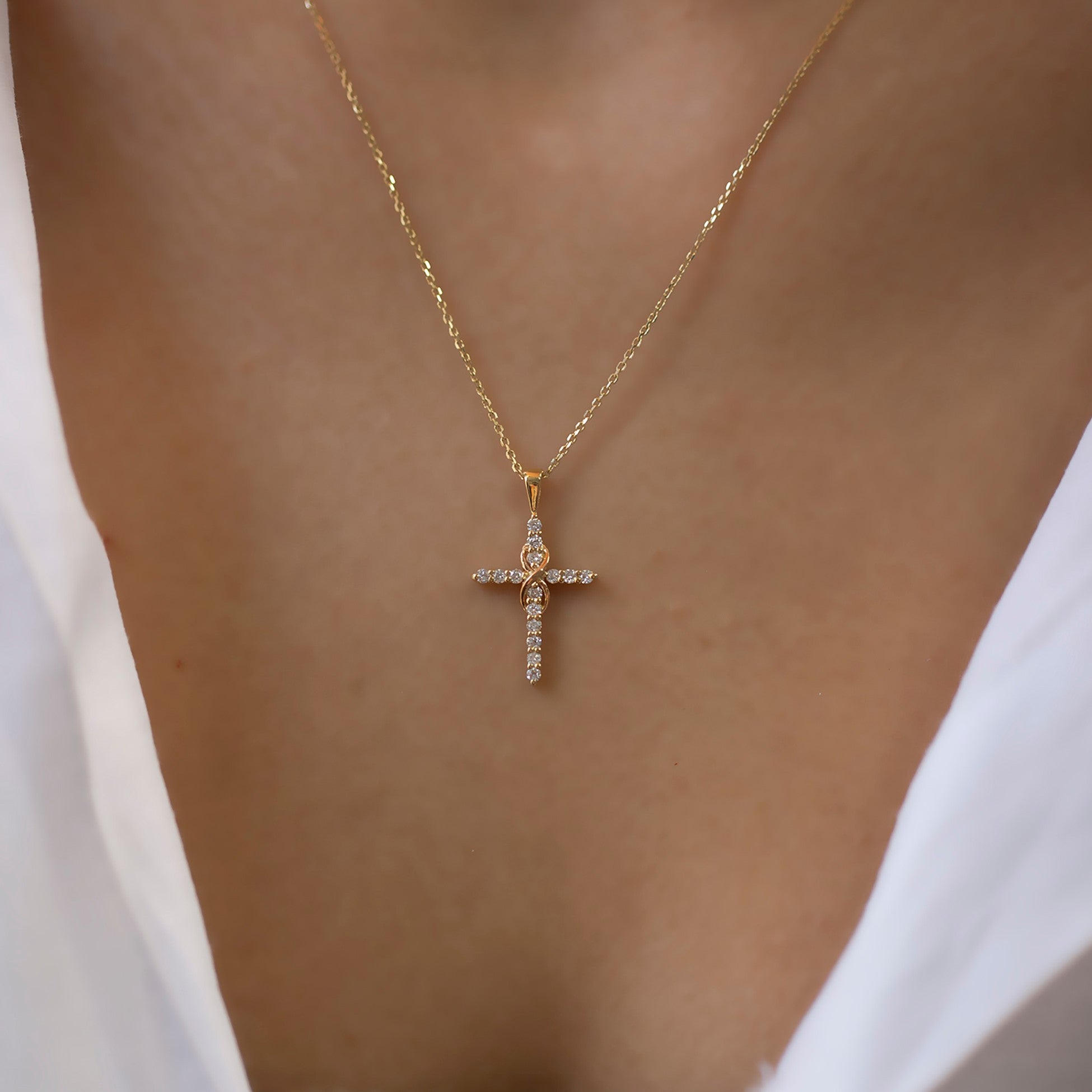 14K Gold Diamond Infinity Cross Necklace