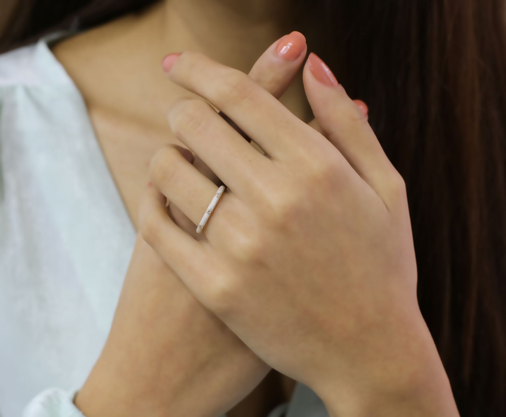 14K Gold Diamond Beige Color Enamel Ring