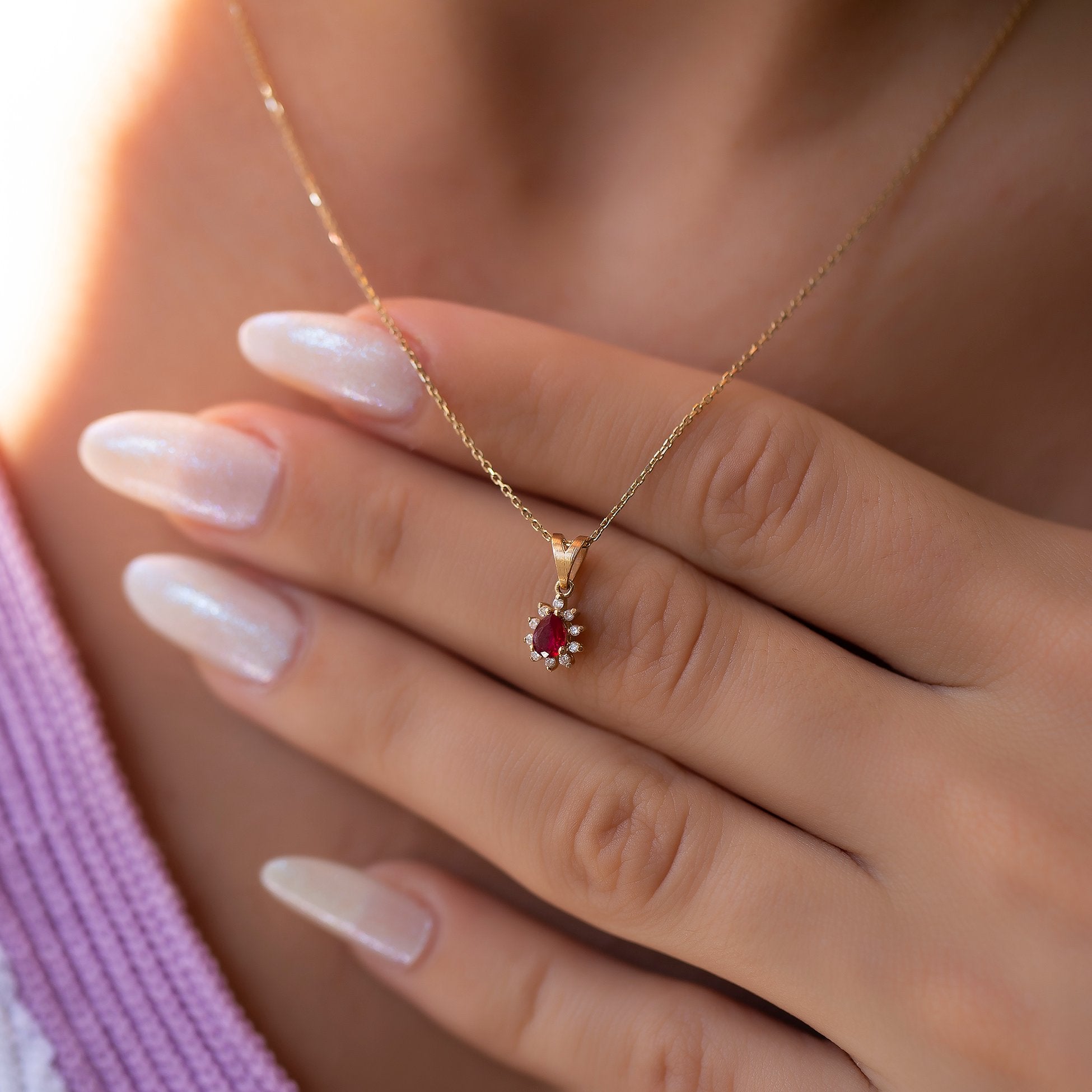 14K Gold Diamond Drop Cut Ruby Necklace