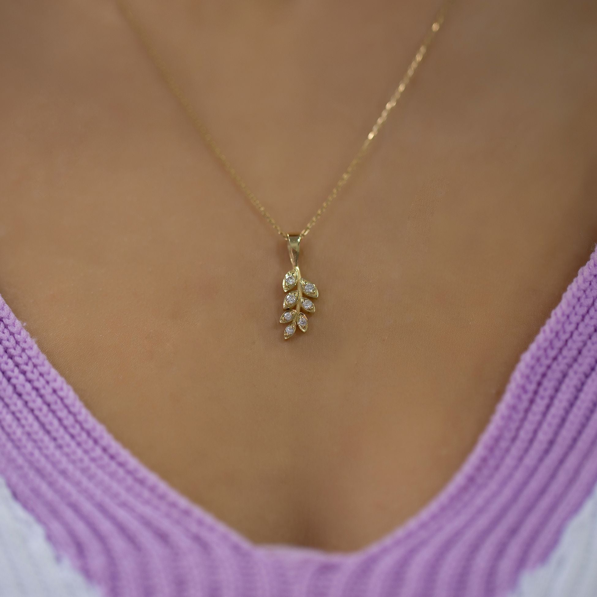 14K Gold Diamond Leaf Necklace