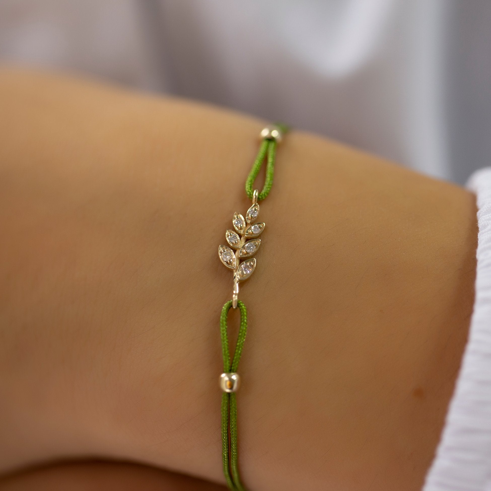 14K Gold Diamond Leaf Charm Color Rope Bracelet