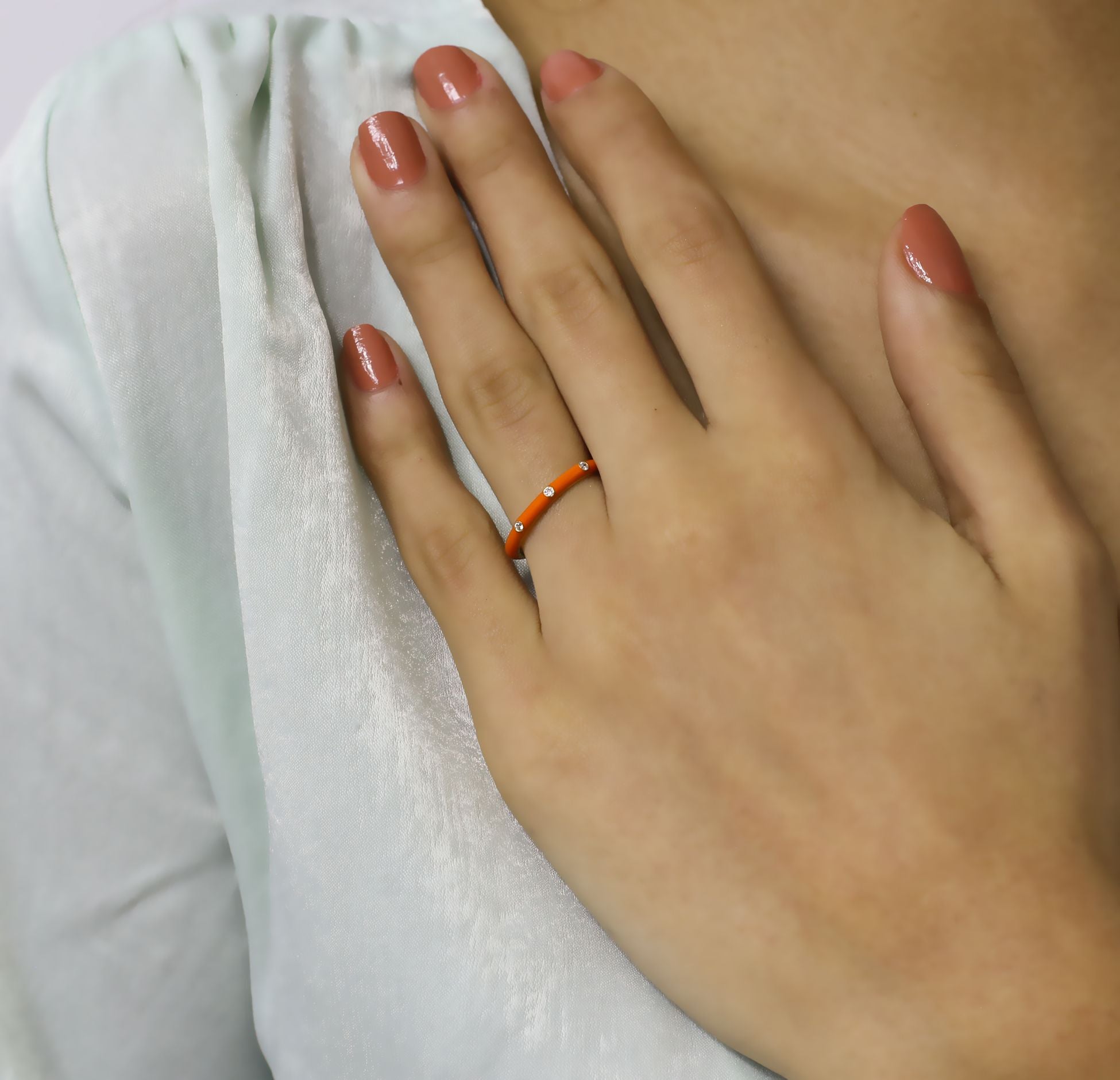 14K Gold Diamond Orange Color Enamel Ring