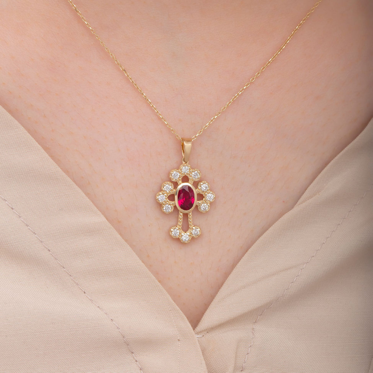 14K Gold Diamond Ruby Cross Woman Necklace