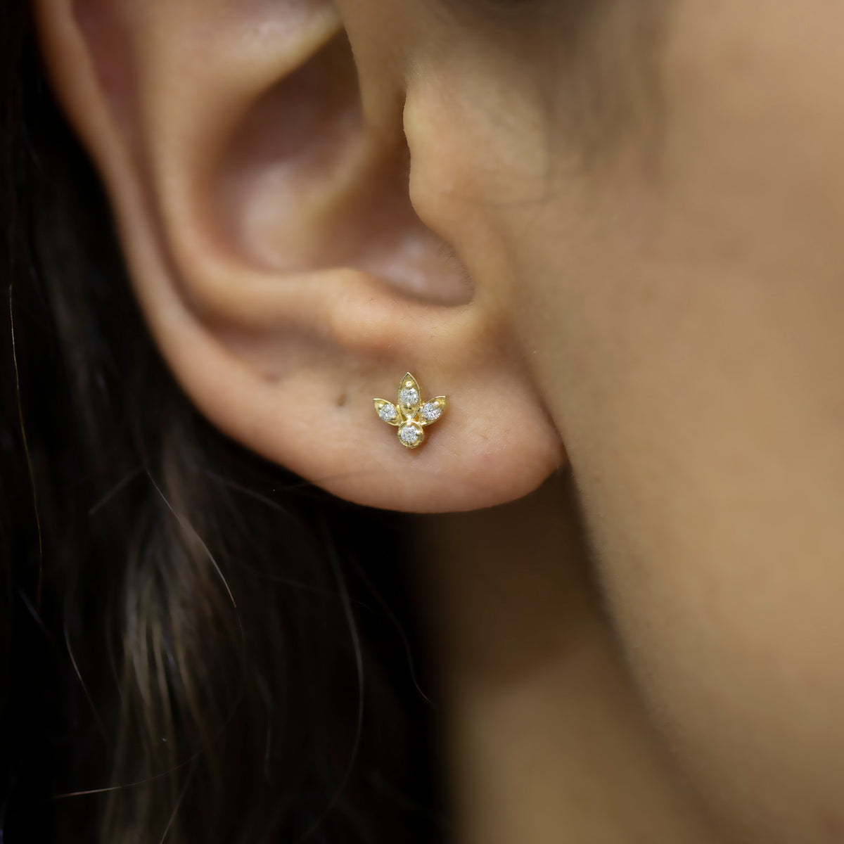 14K Gold Diamond Lotus Flower Studs Earrings