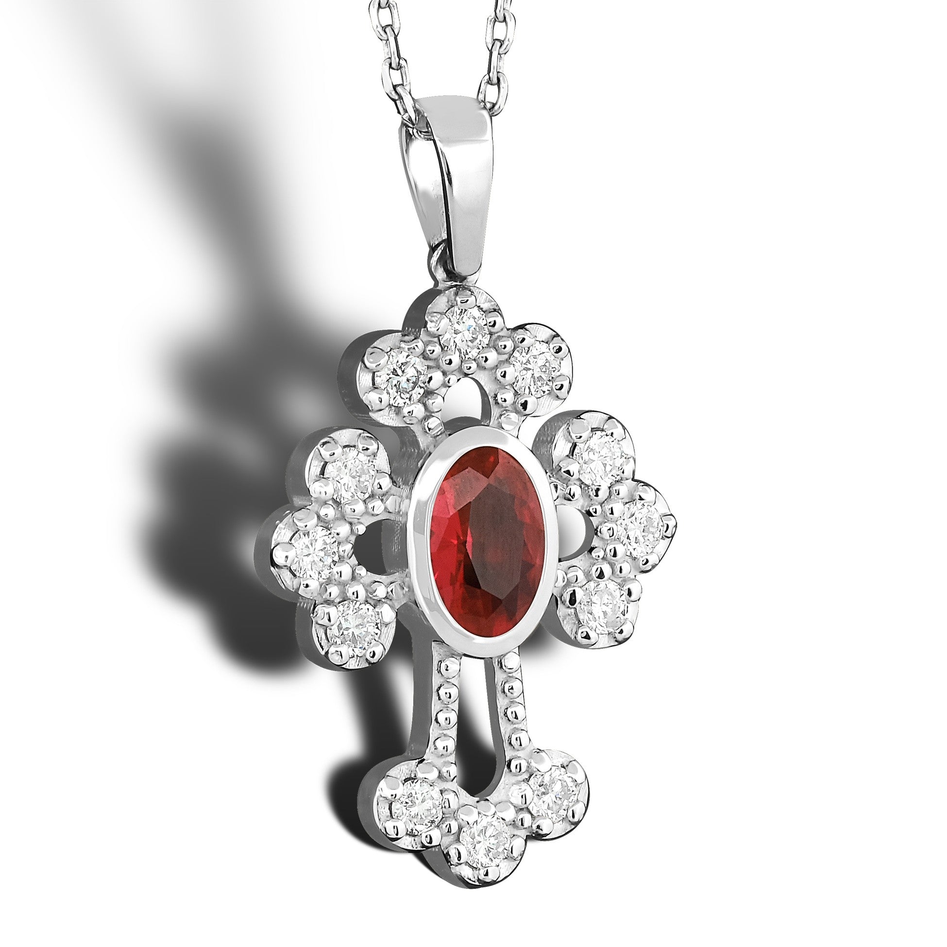 14K Gold Diamond Ruby Cross Woman Necklace