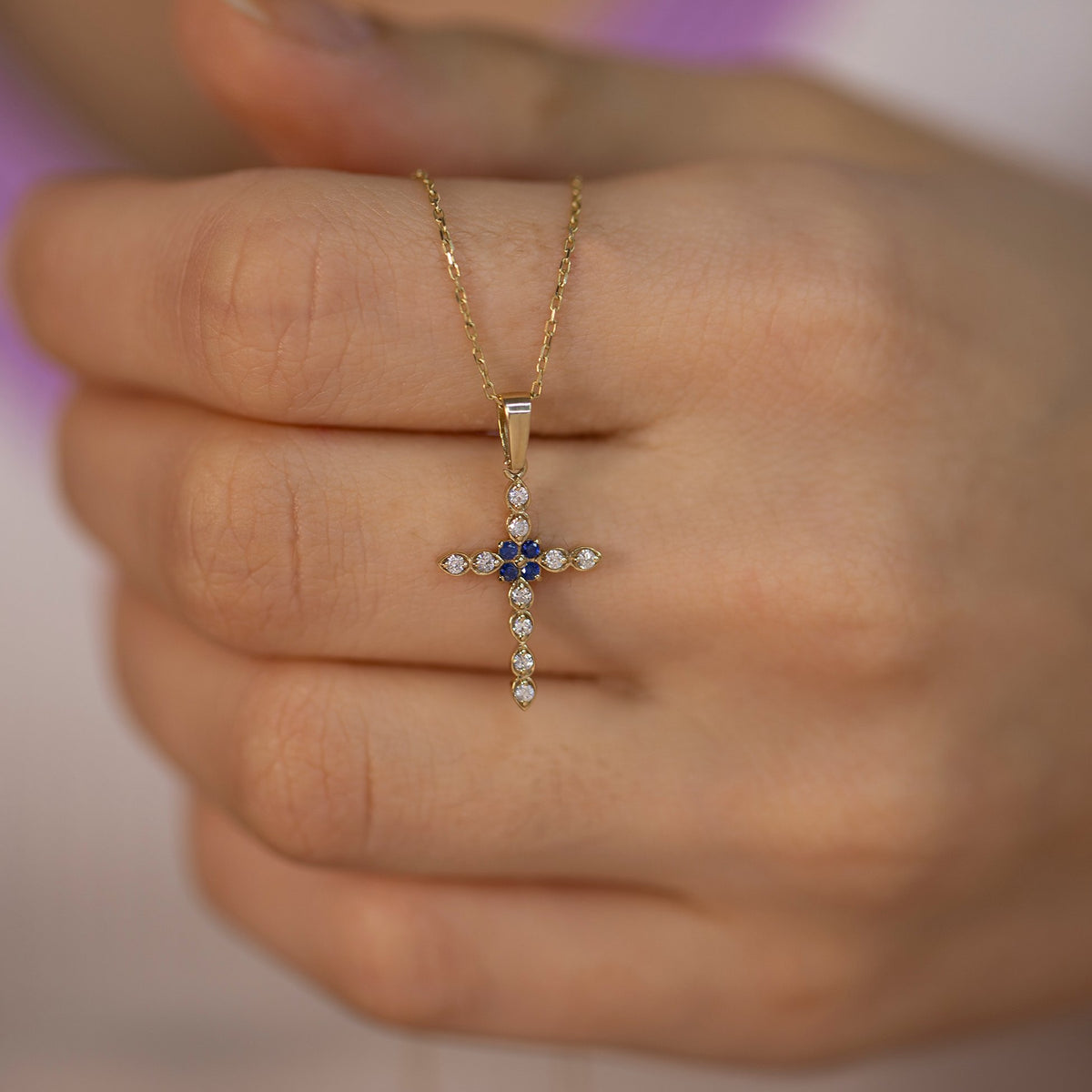 14K Gold Diamond Sapphire Cross Woman Necklace