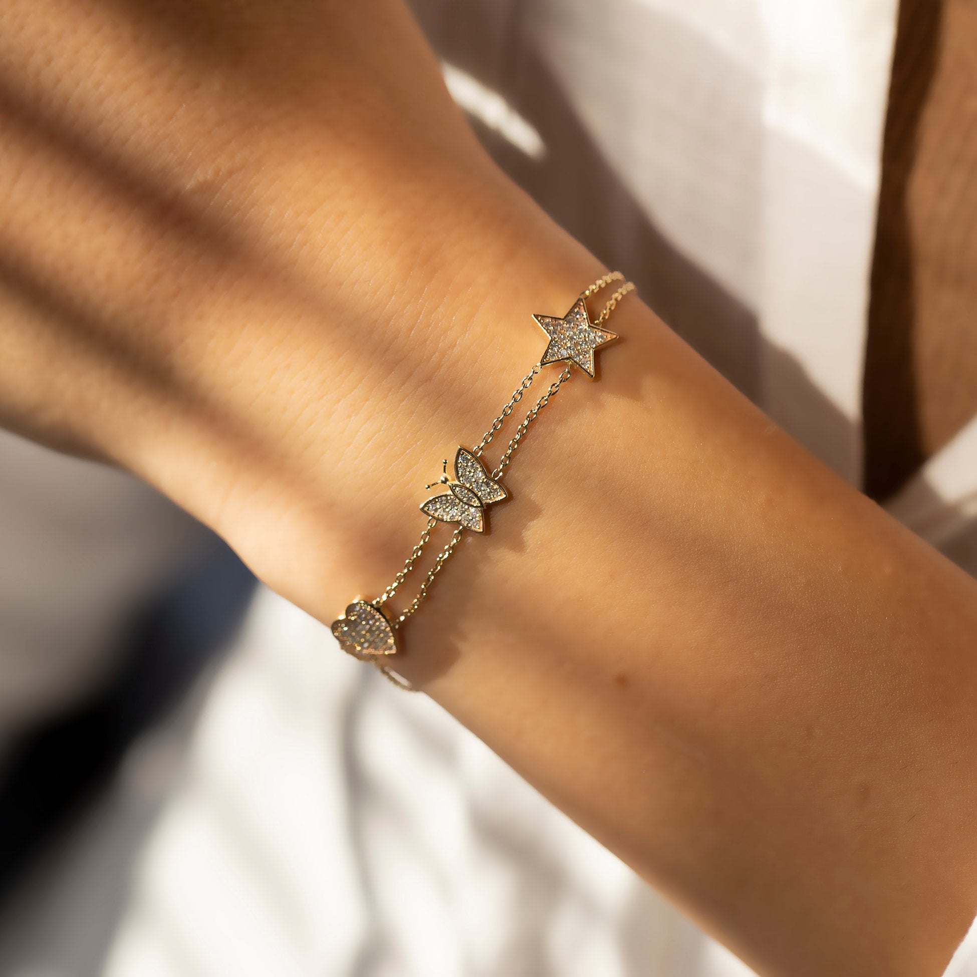 14K Gold Diamond Heart, Butterfly, Star Bracelet