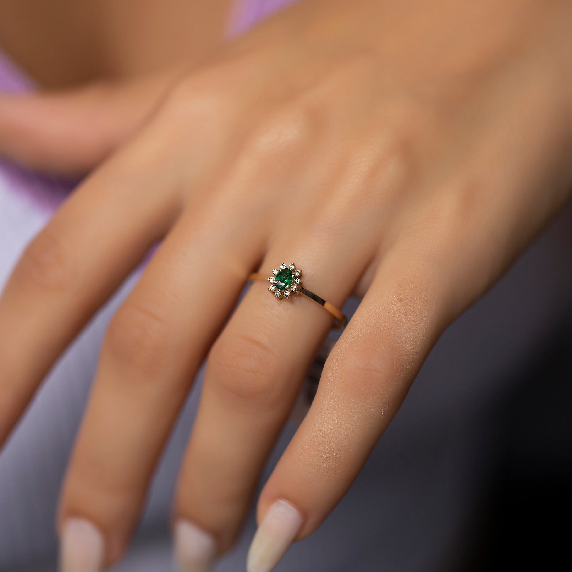 14K Gold Diamond Oval Cut Emerald Ring