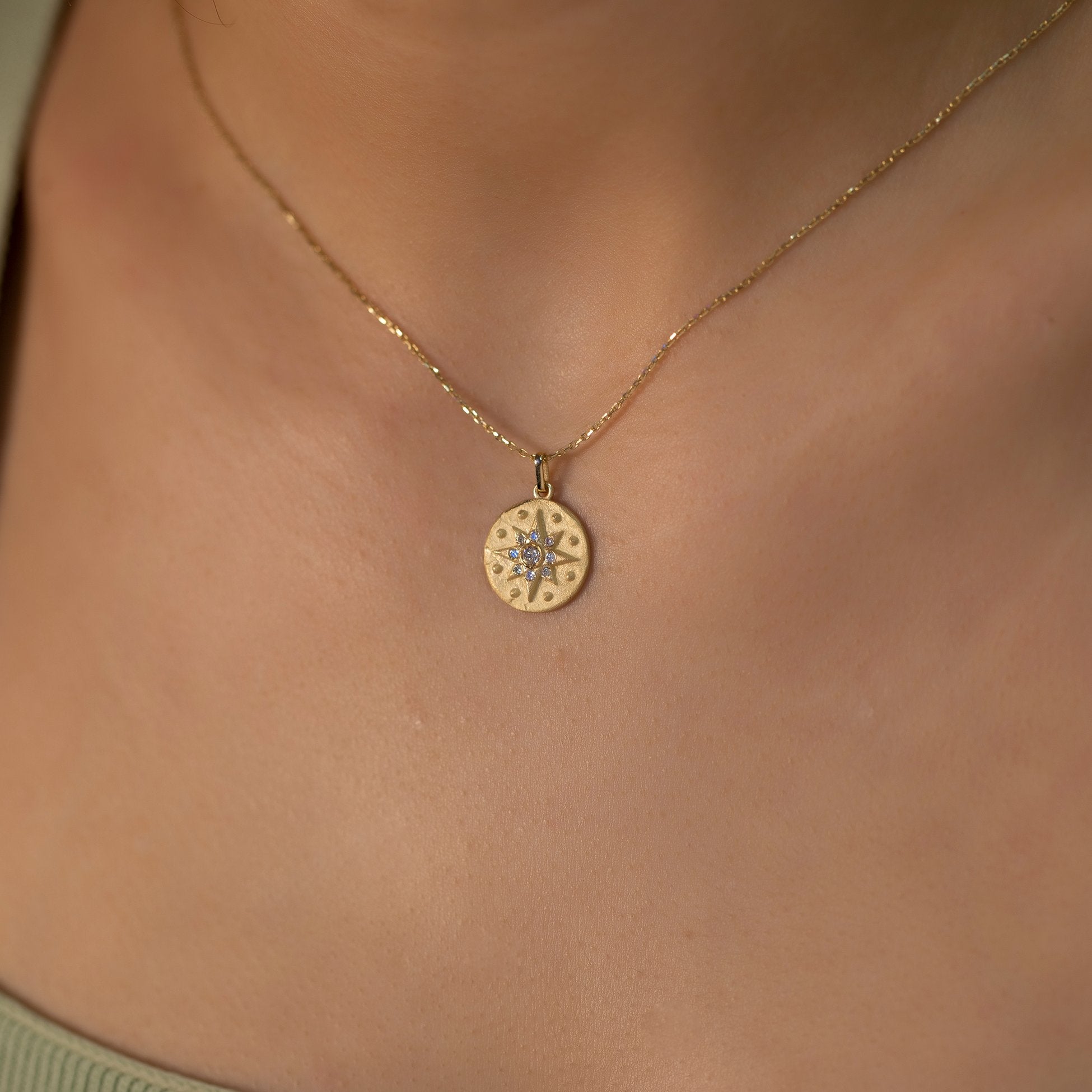 14K Gold Diamond Matte and Tumbled North Star Charm Necklace