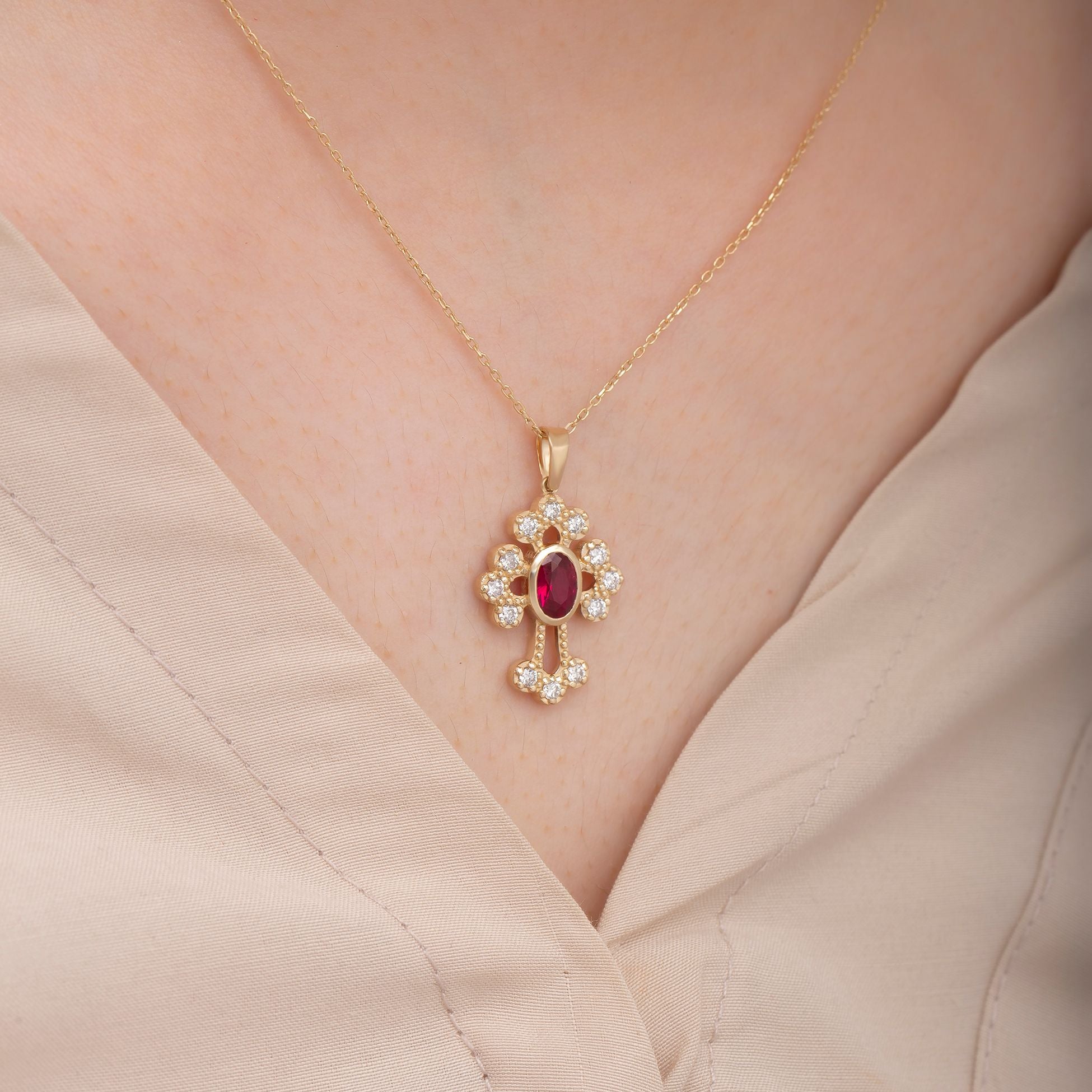 14K Gold Diamond Ruby Cross Woman Necklace