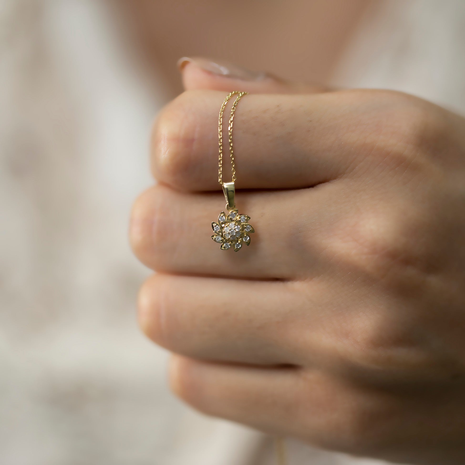 14K Gold Diamond Swirl Flower Necklace