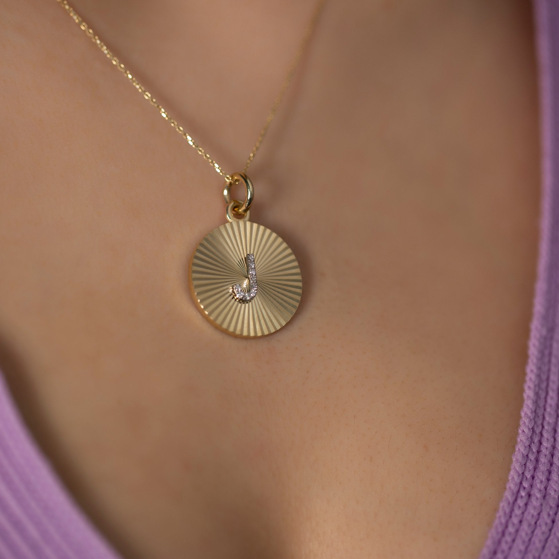 14K Gold Diamond Initial Round Plate Necklace for Woman