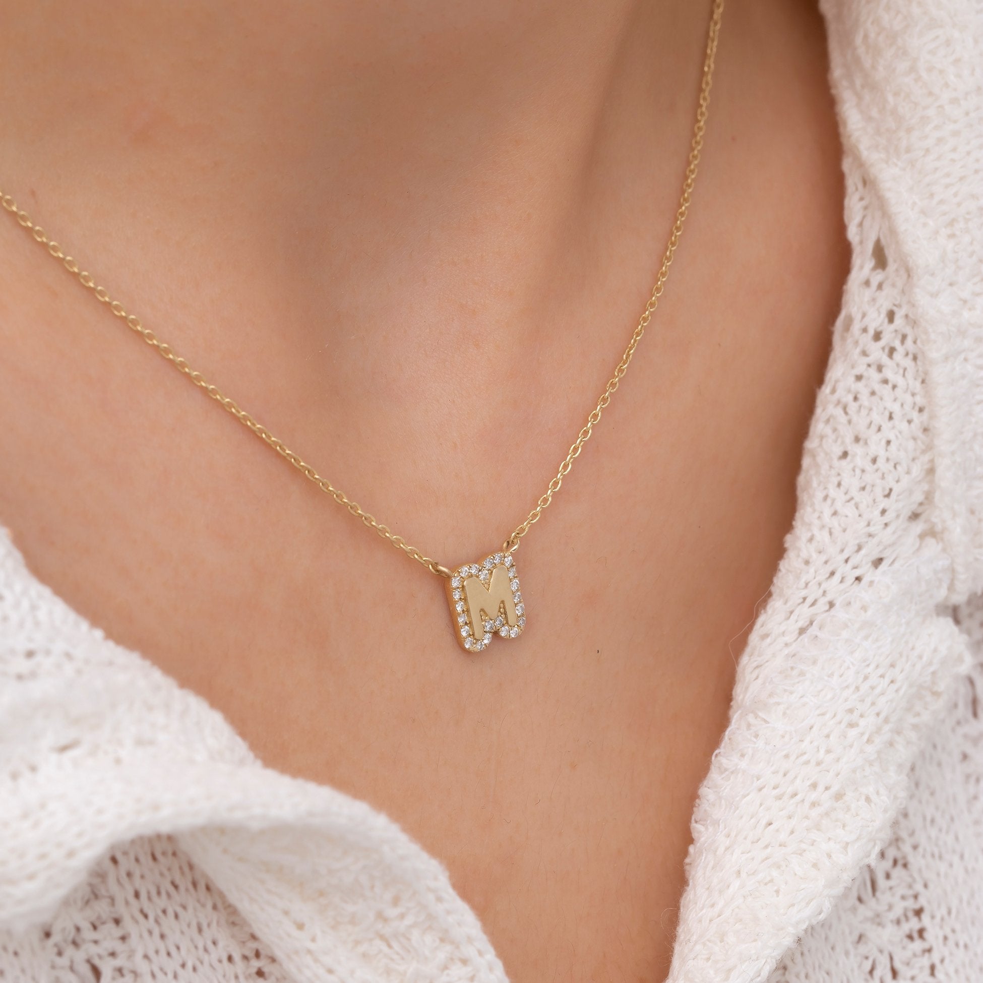 14K Solid Gold Diamond Initial Necklace