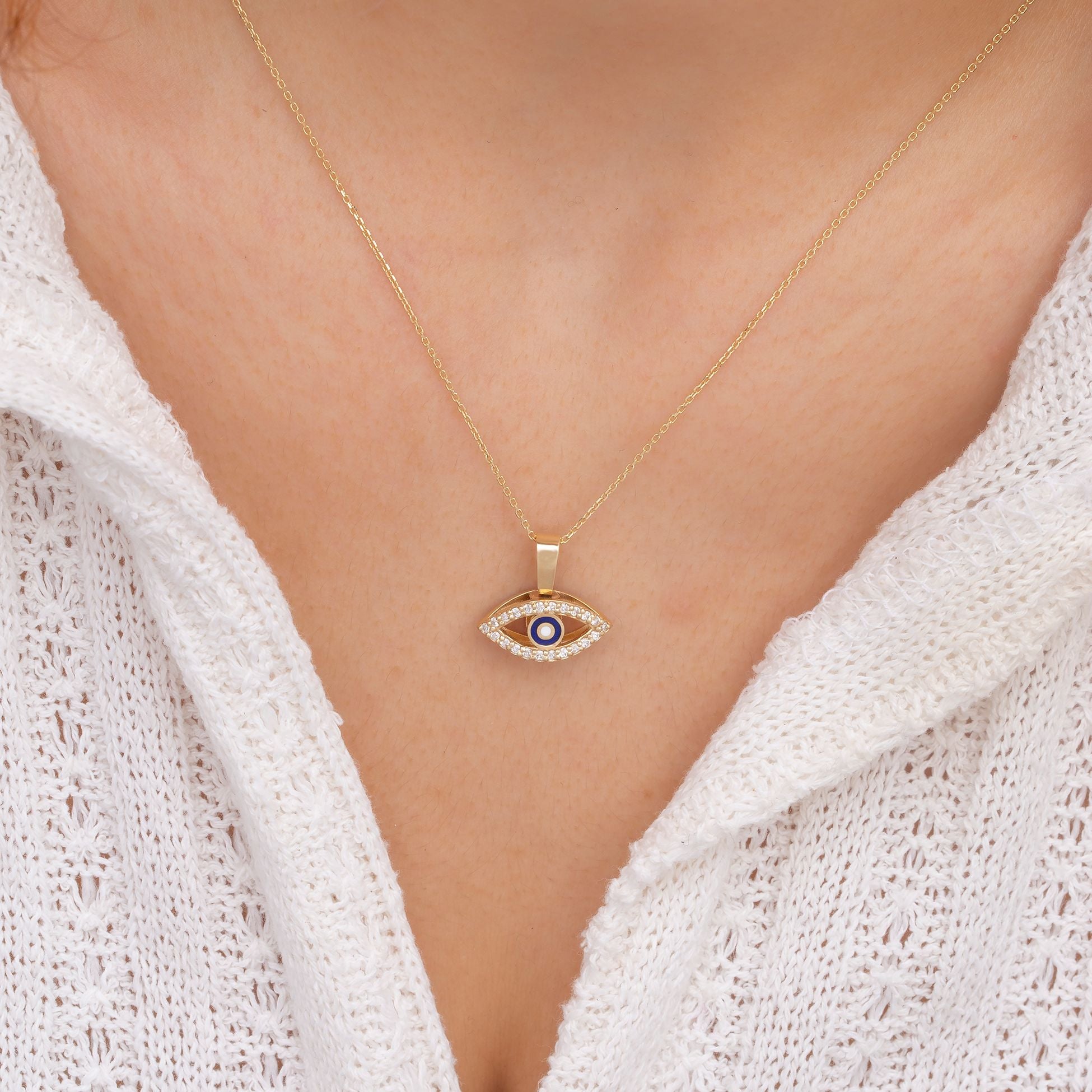 14K Gold Diamond Double Sided Evil Eye Woman Necklace