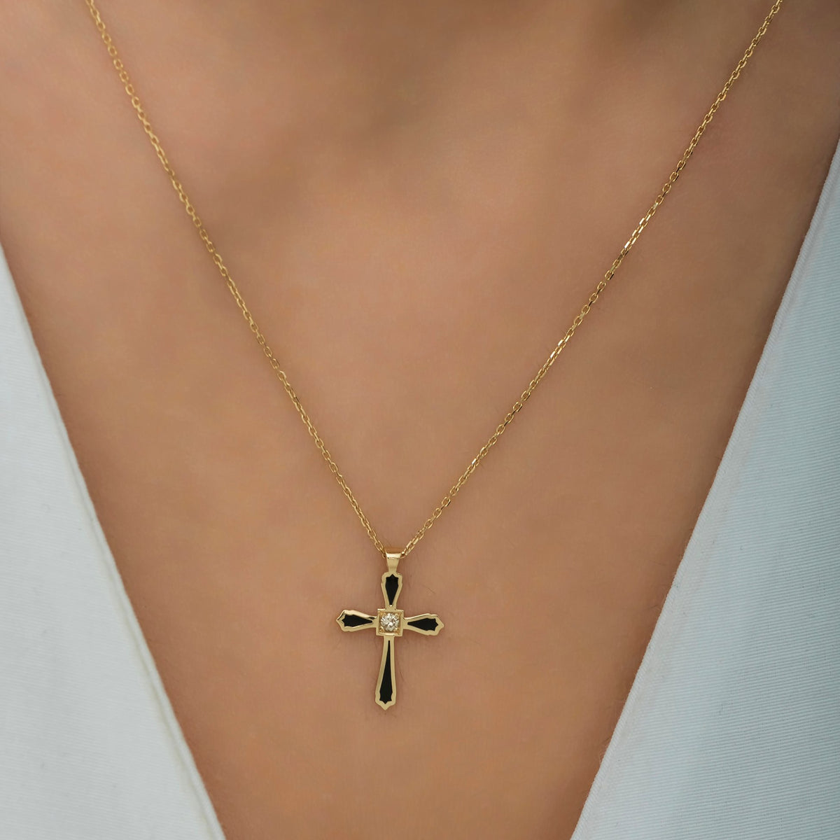 14K Gold Diamond Enamel Cross Necklace