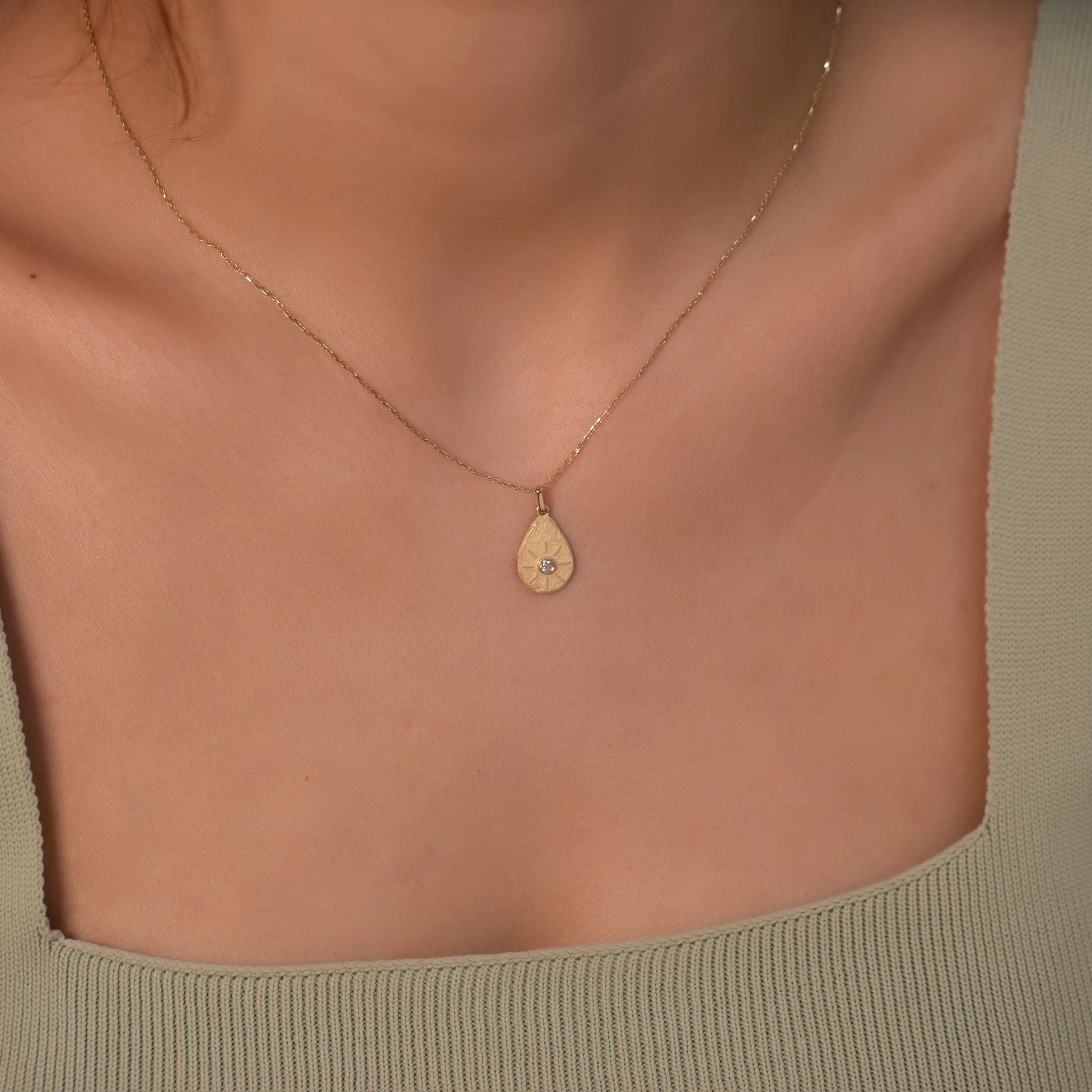 14K Gold Diamond Matte and Tumbled Pear Charm Necklace