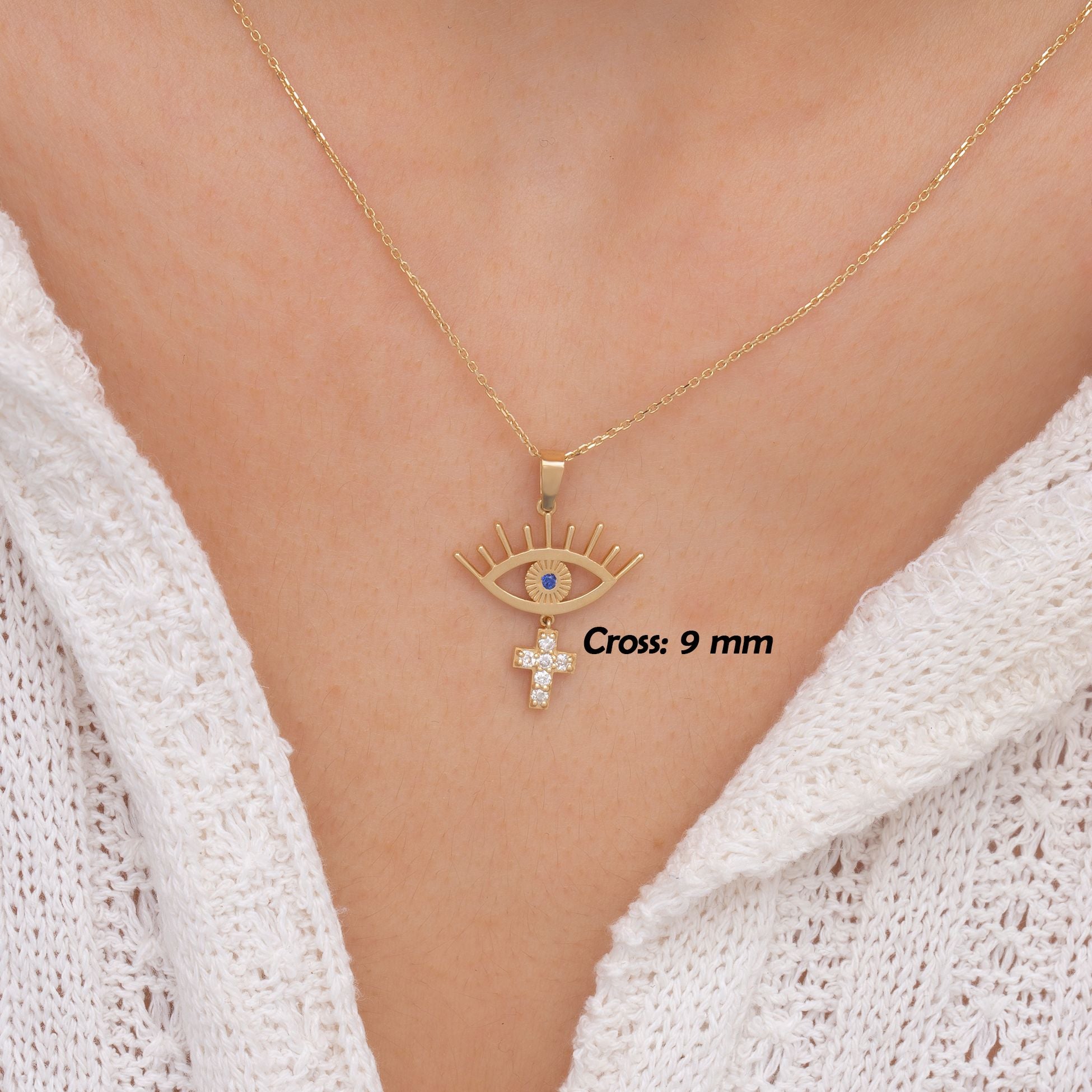 14K Gold Diamond Sapphire Eye and Cross Woman Necklace