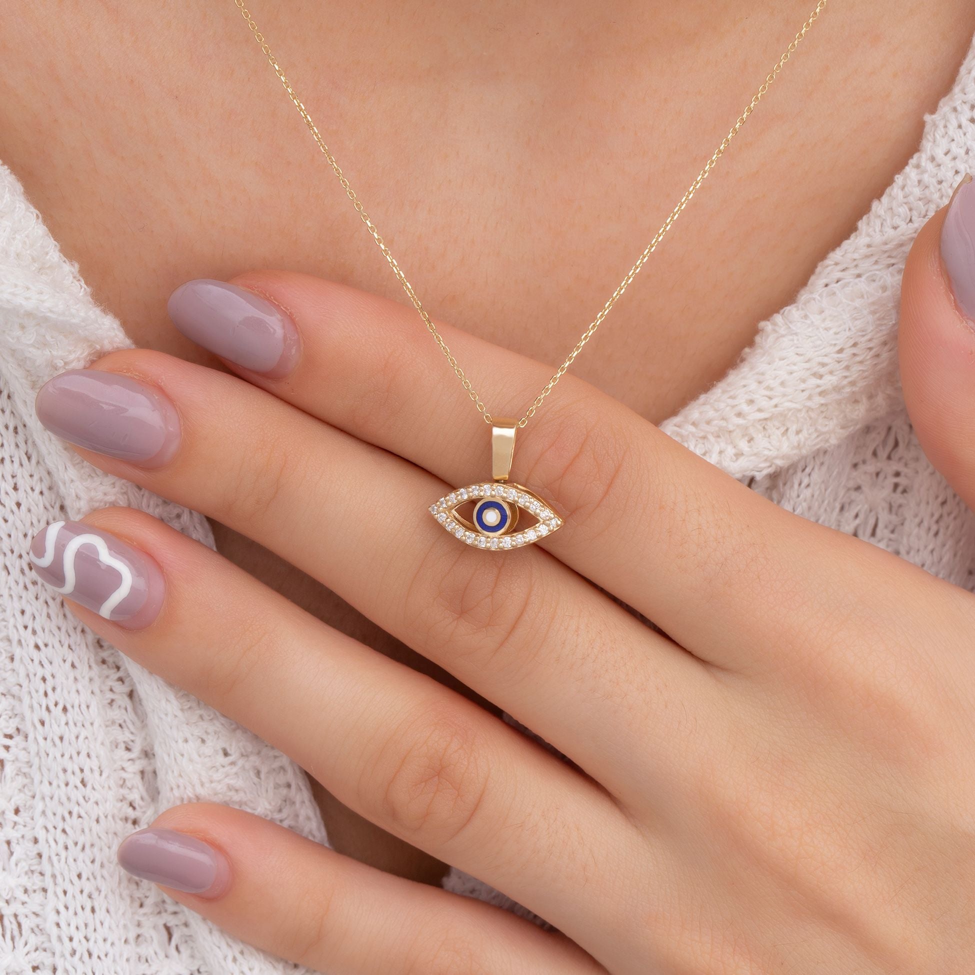 14K Gold Diamond Double Sided Evil Eye Woman Necklace