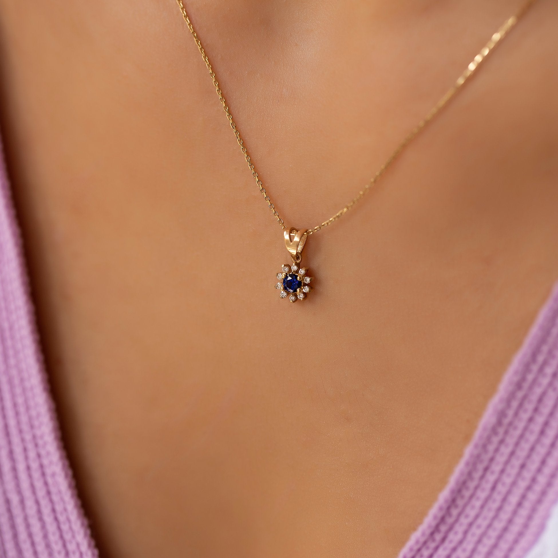 14K Gold Diamond Round Cut Sapphire Necklace