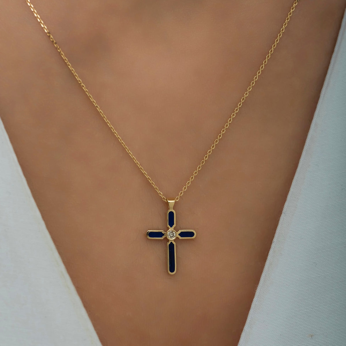 14K Gold Diamond Enamel Cross Necklace