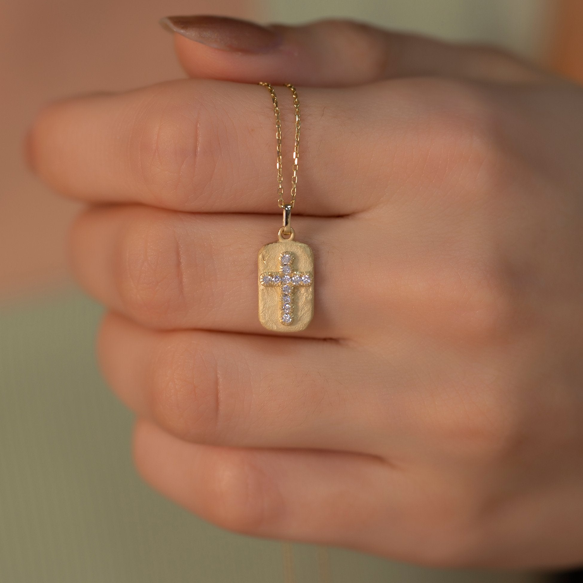 14K Gold Diamond Matte and Tumbled Cross Necklace