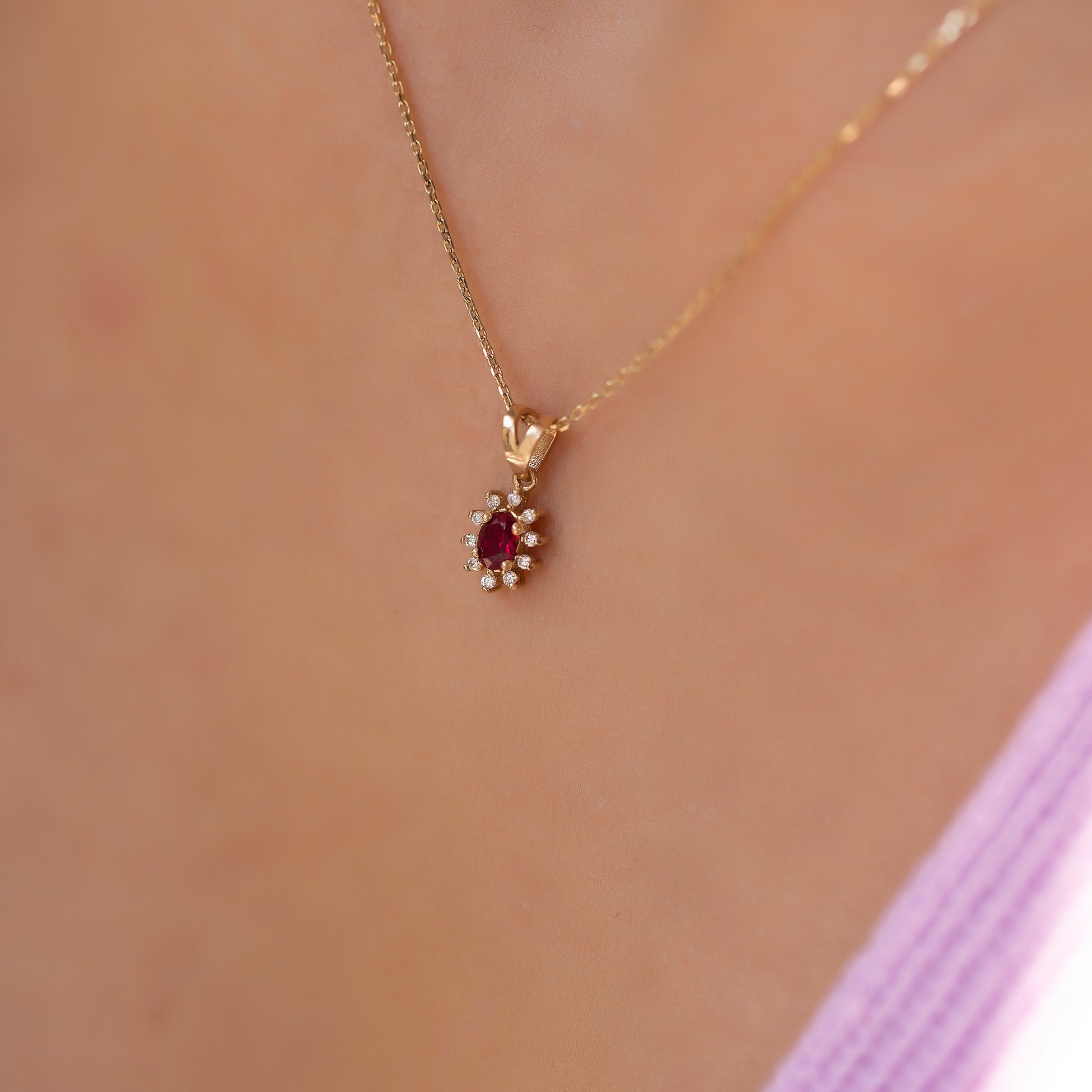 14K Gold Diamond Oval Cut Ruby Necklace