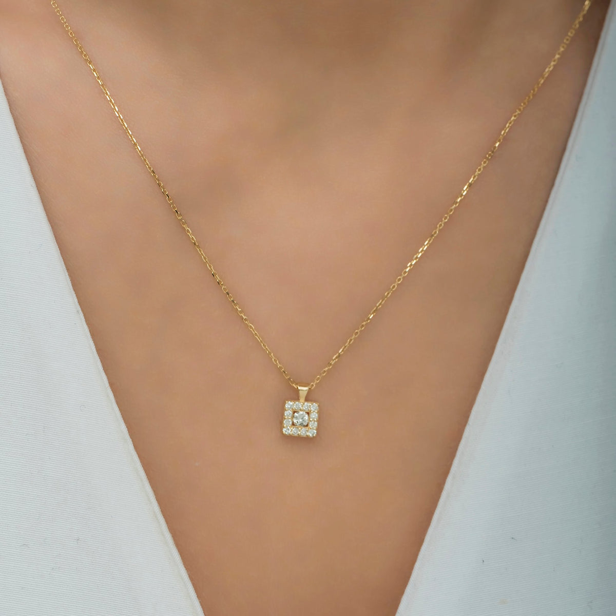 14K Gold  Square Shape Diamond Necklace