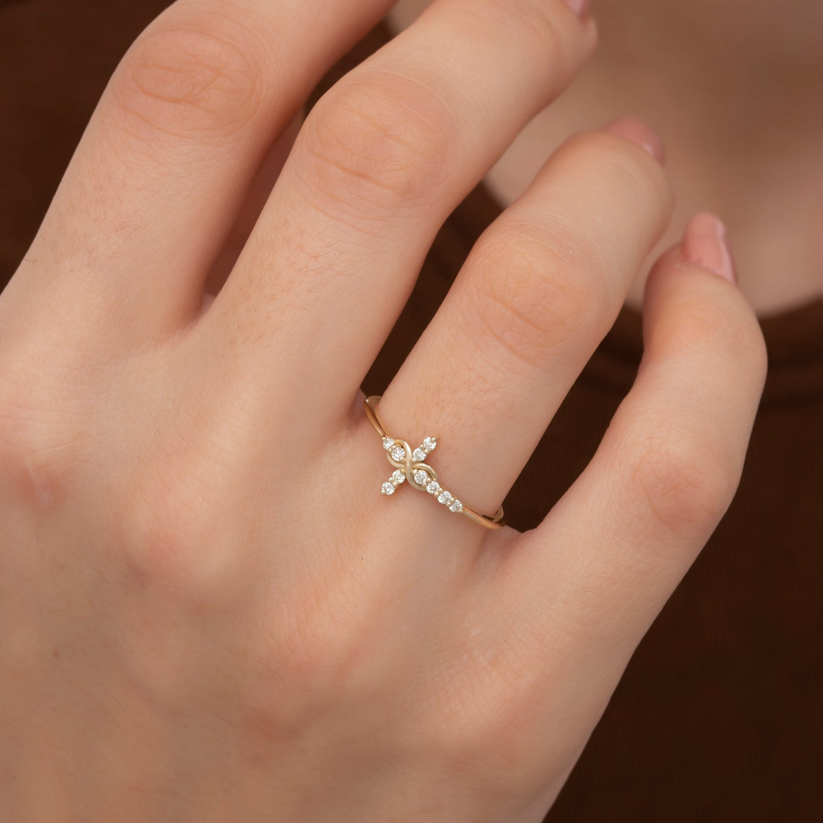 14K Gold Diamond Infinity Cross Ring