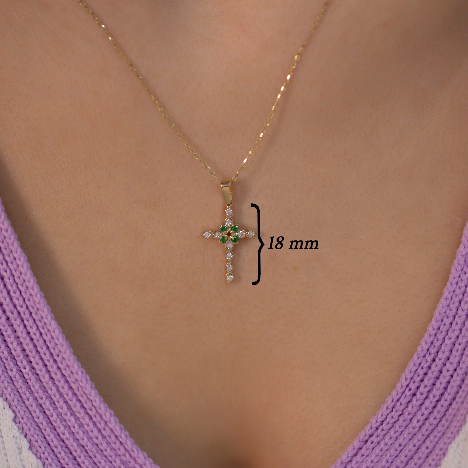 14K Gold Diamond Emerald Cross Woman Necklace