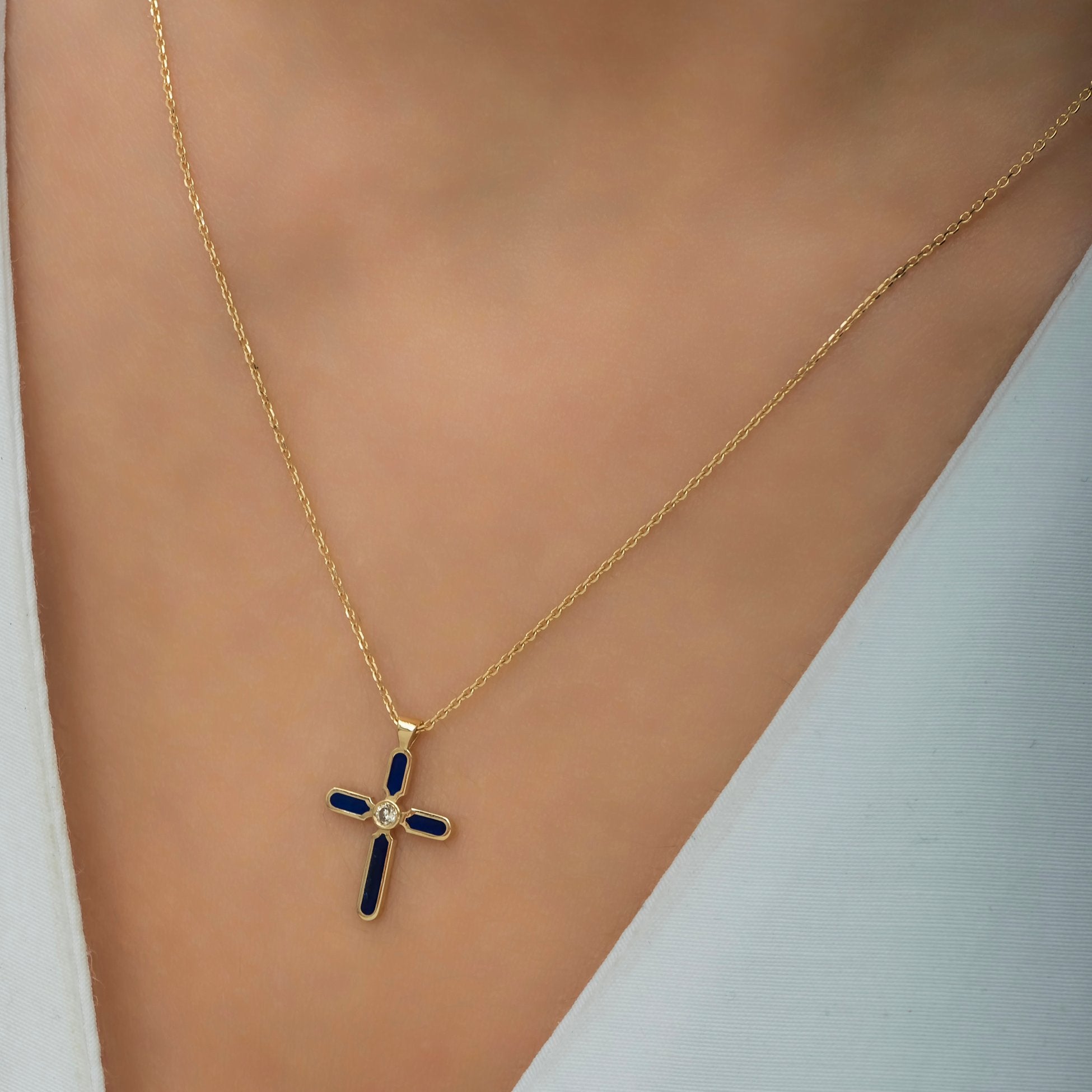 14K Gold Diamond Enamel Cross Necklace