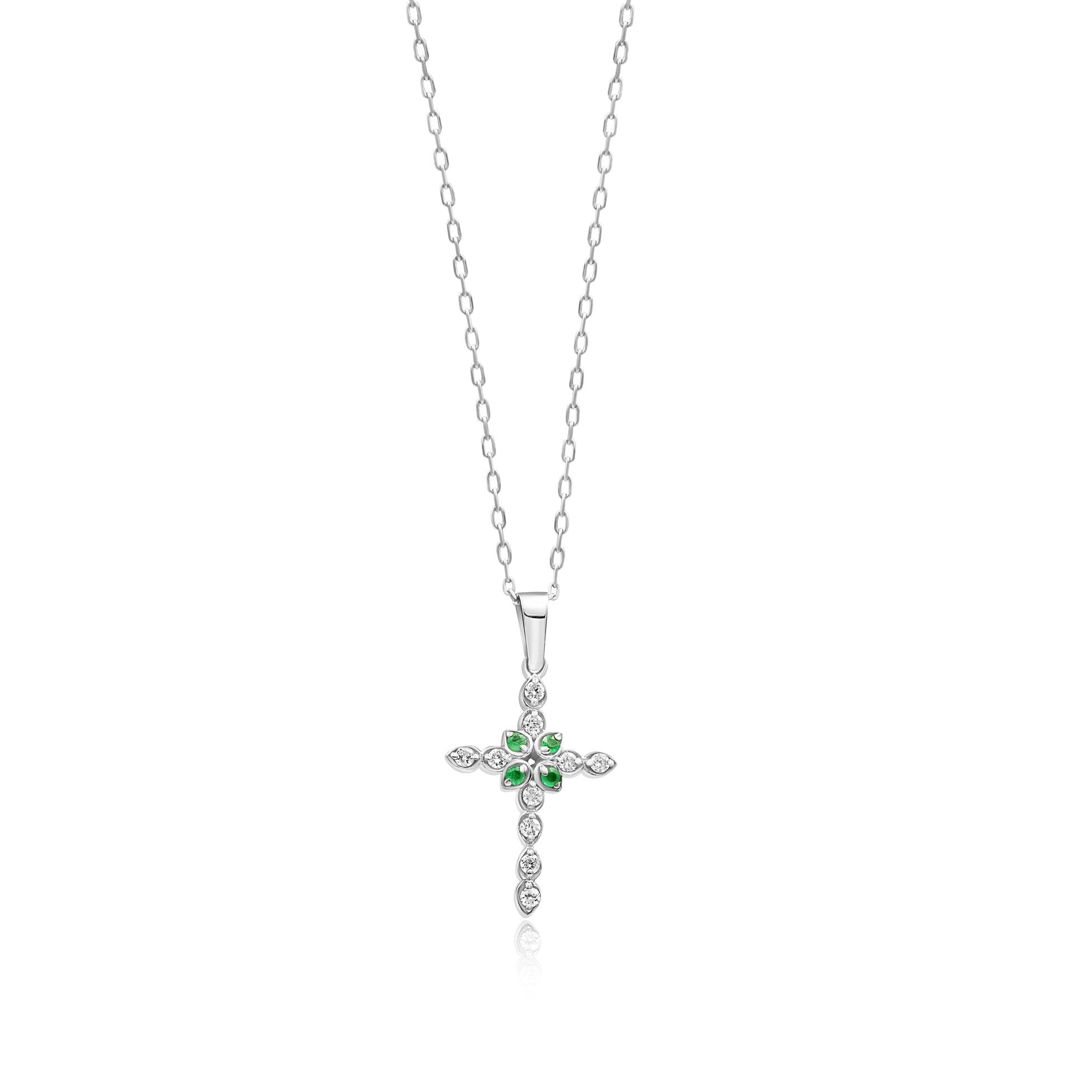 14K Gold Diamond Emerald Cross Woman Necklace