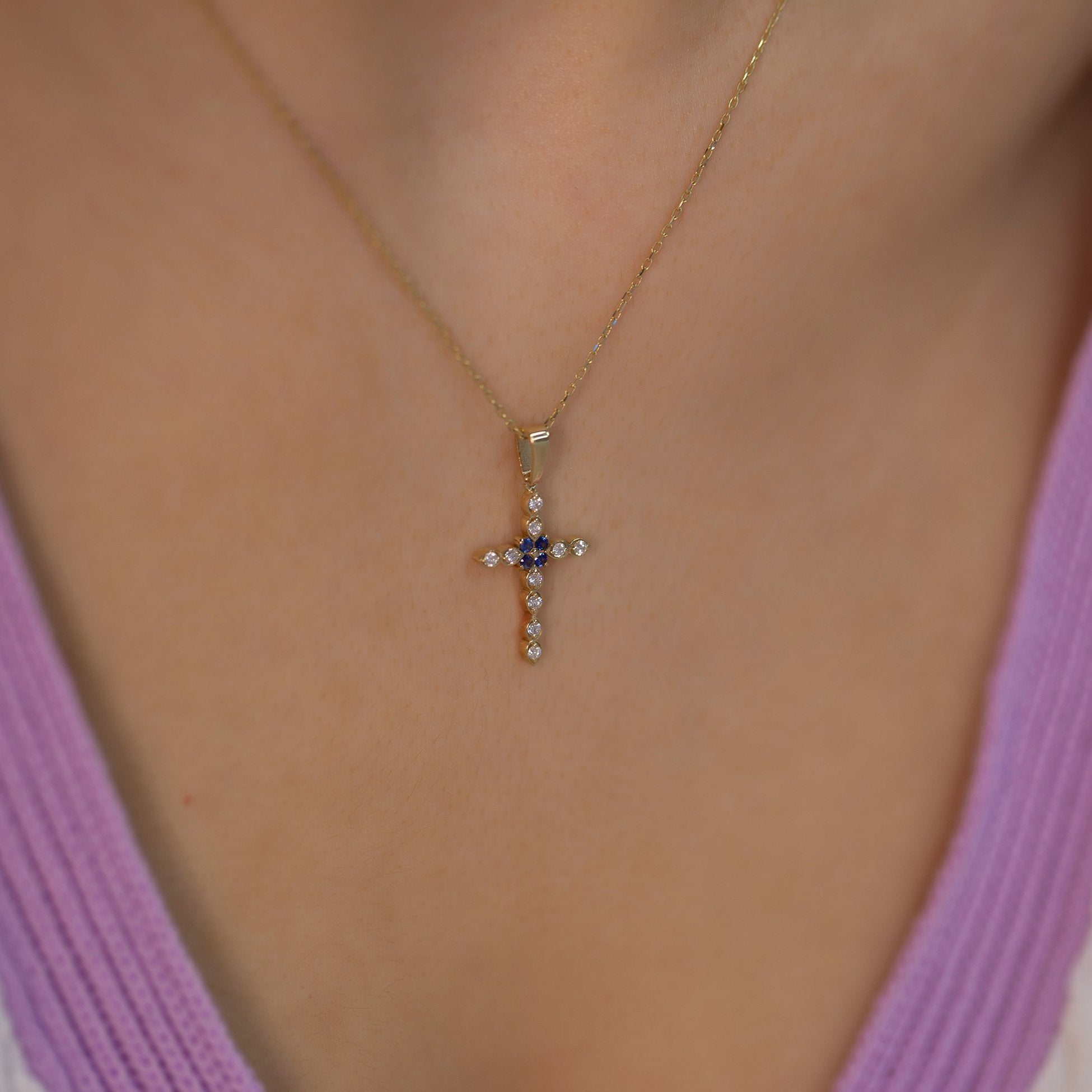 14K Gold Diamond Sapphire Cross Woman Necklace