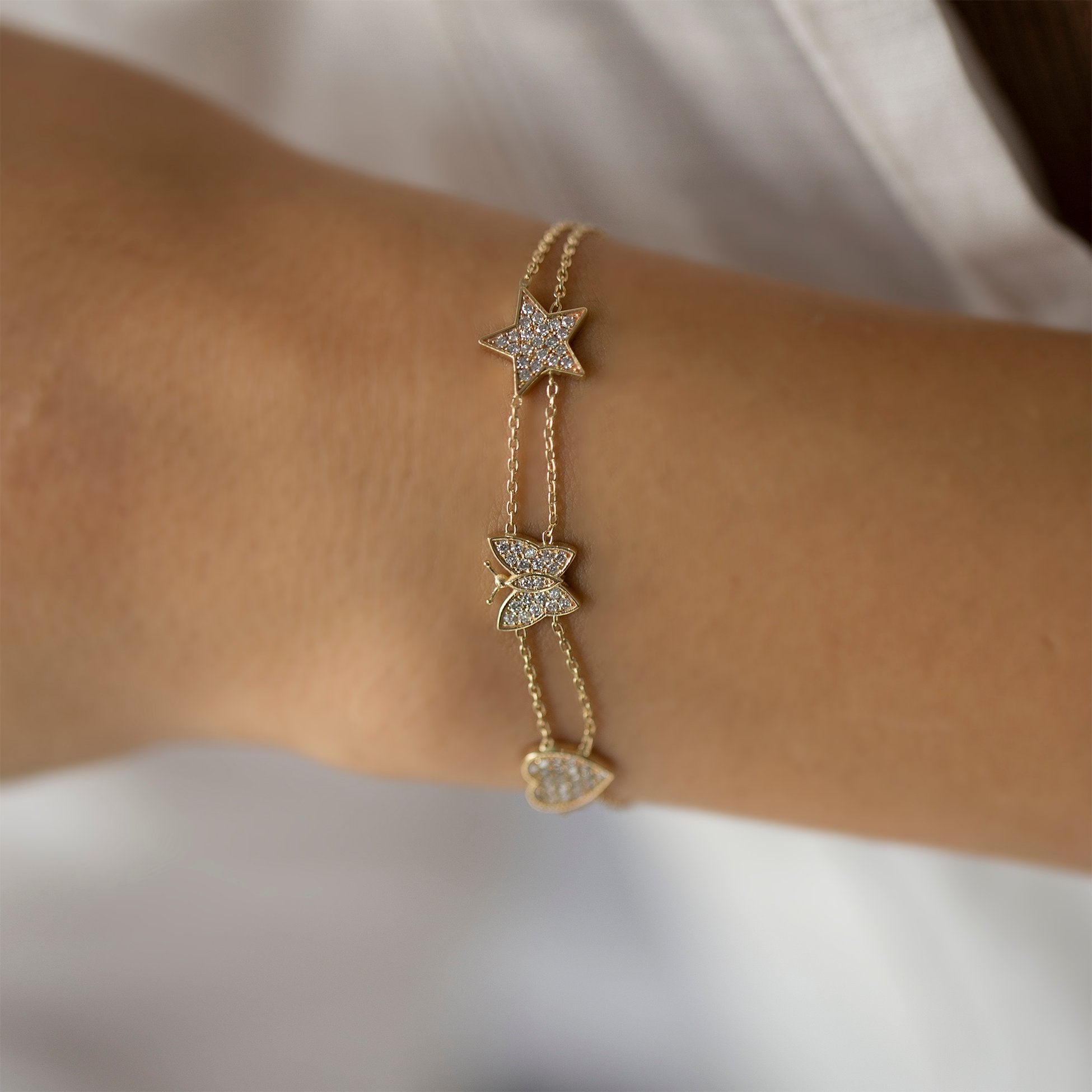 14K Gold Diamond Heart, Butterfly, Star Bracelet