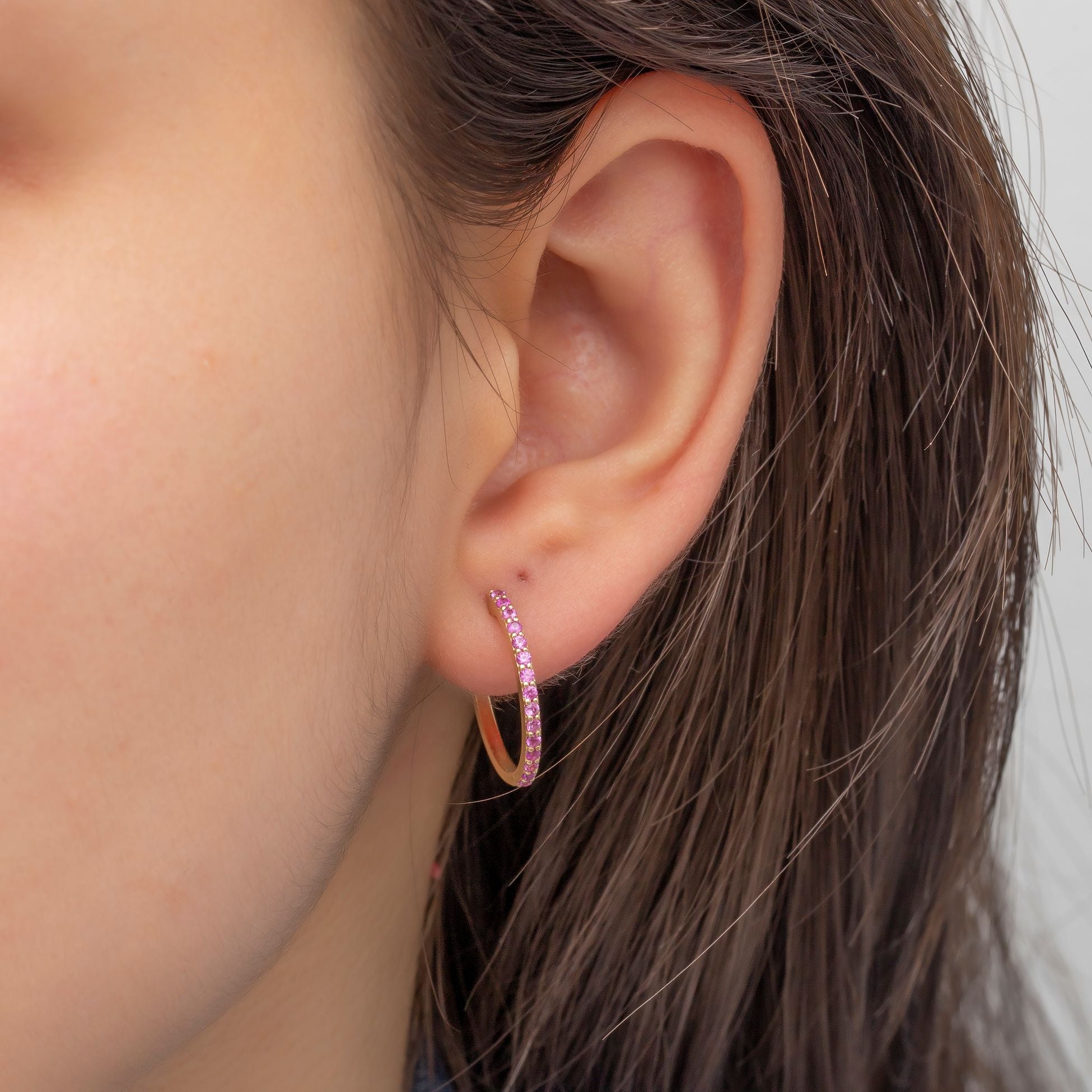 14K Gold Pink Sapphire Dainty Hoop Earrings