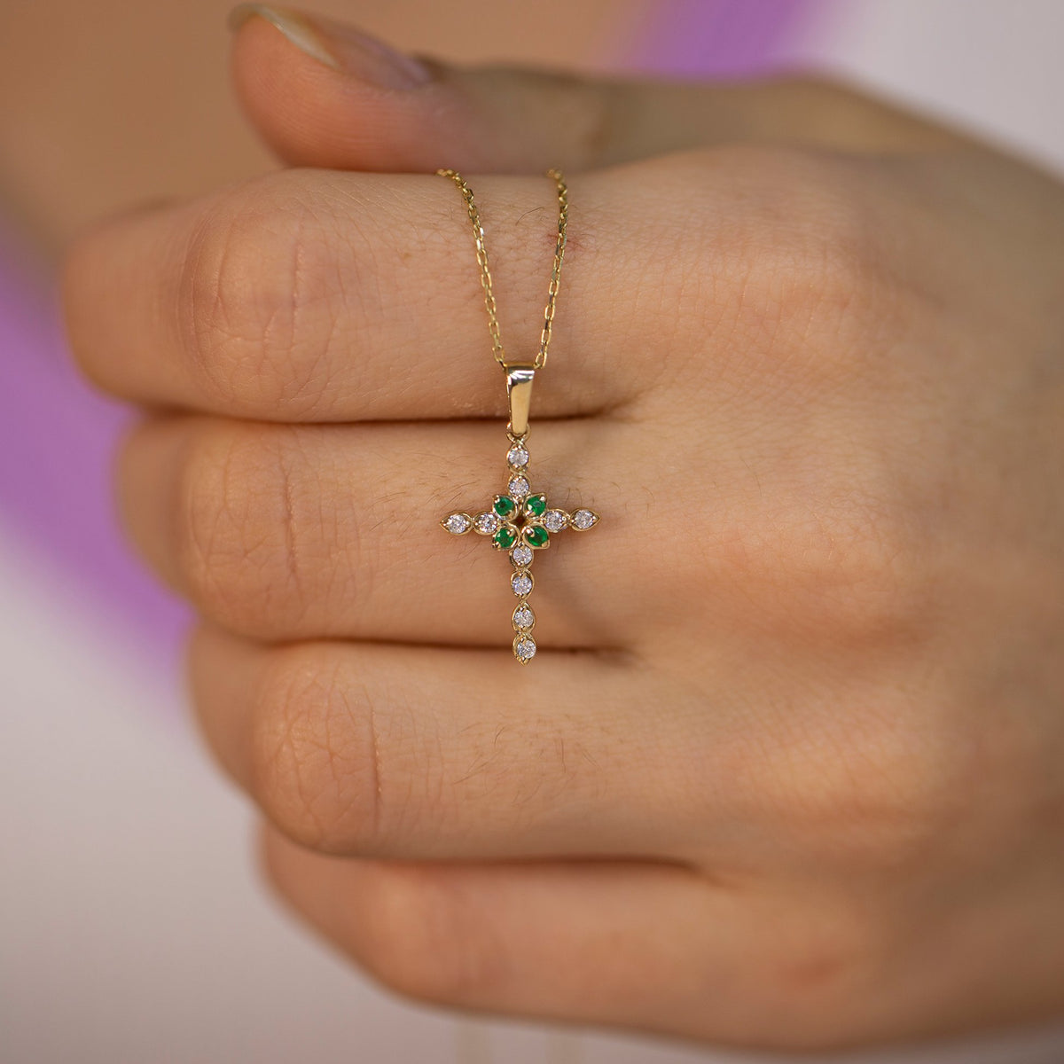 14K Gold Diamond Emerald Cross Woman Necklace