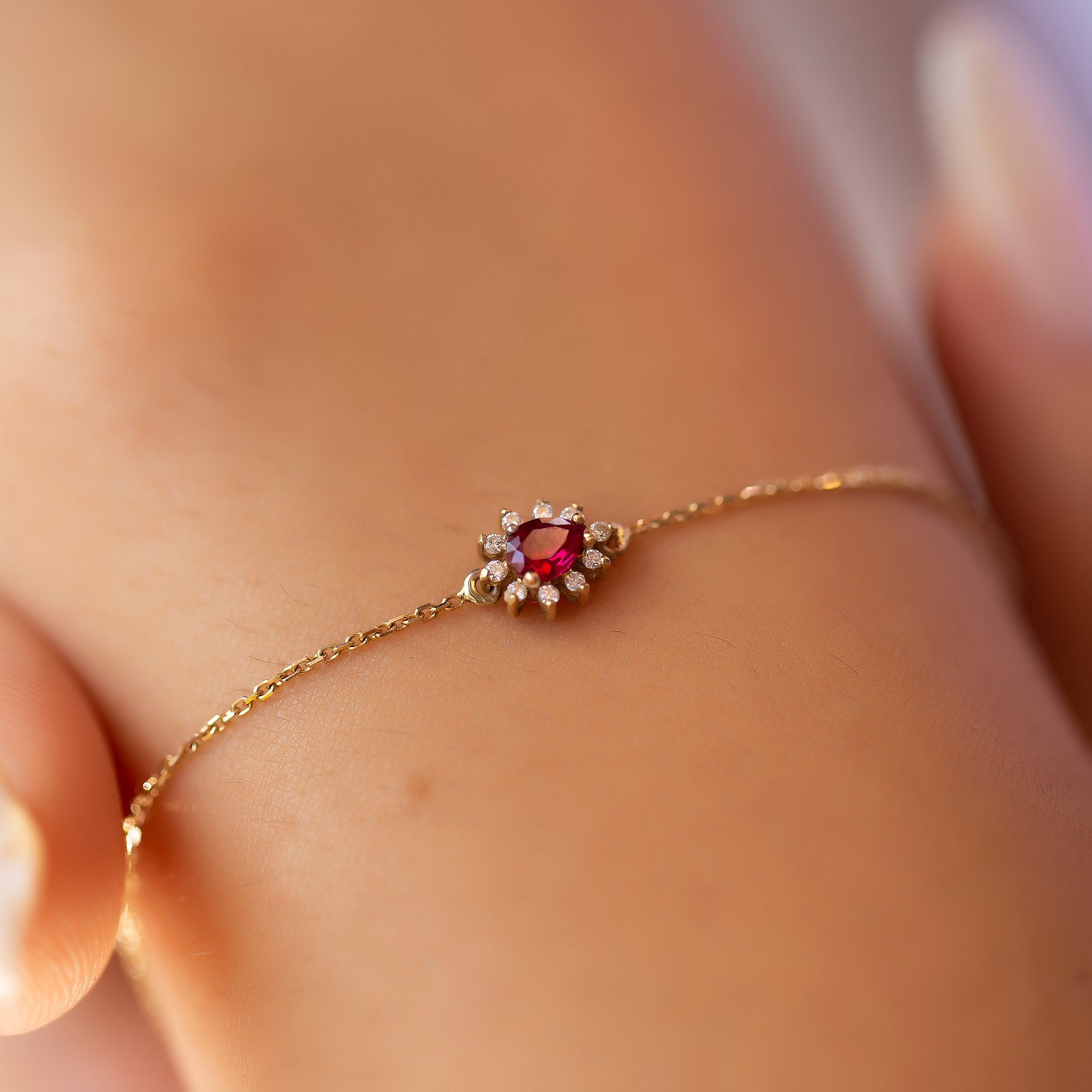 14K Gold Diamond Drop Cut Ruby Bracelet