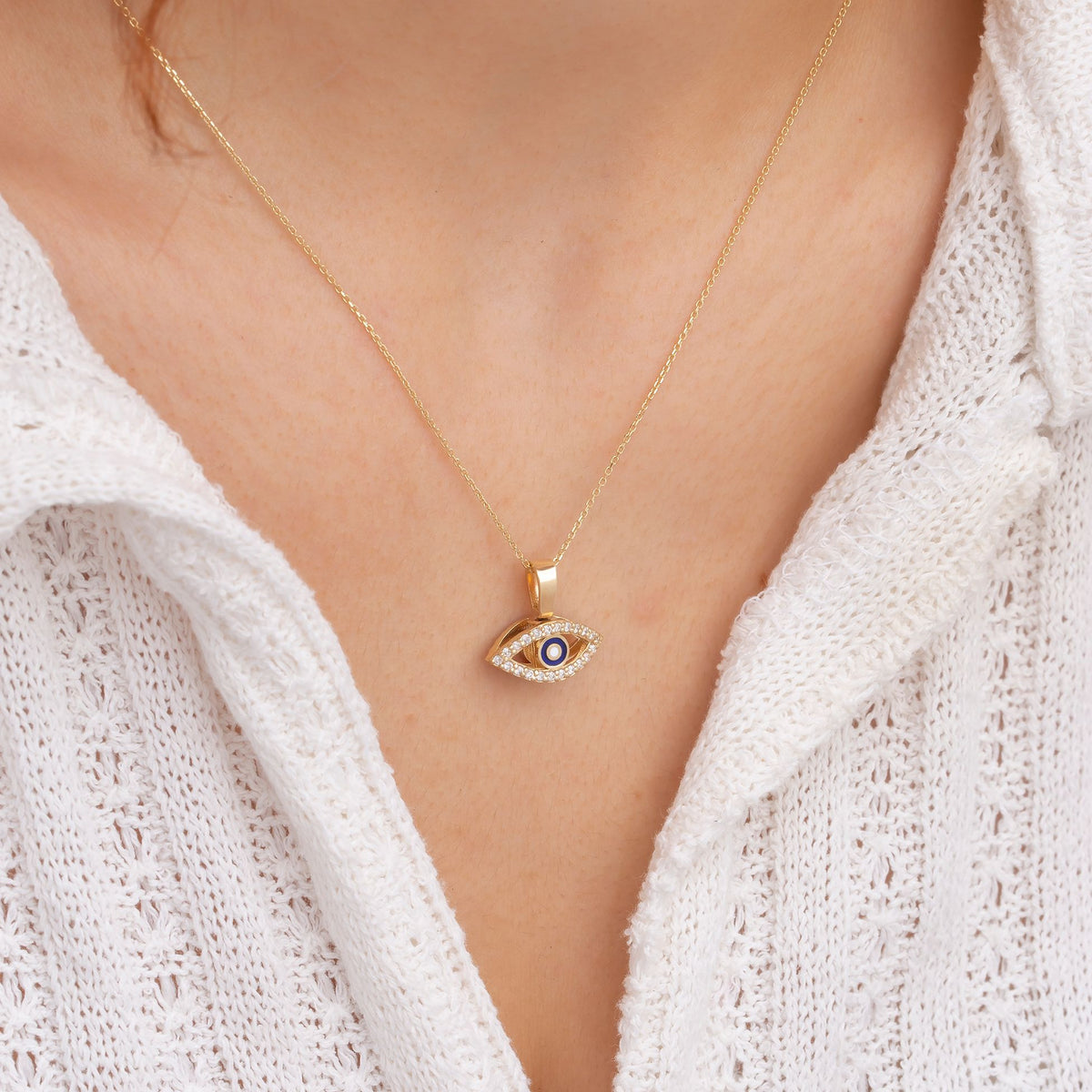 14K Gold Diamond Double Sided Evil Eye Woman Necklace