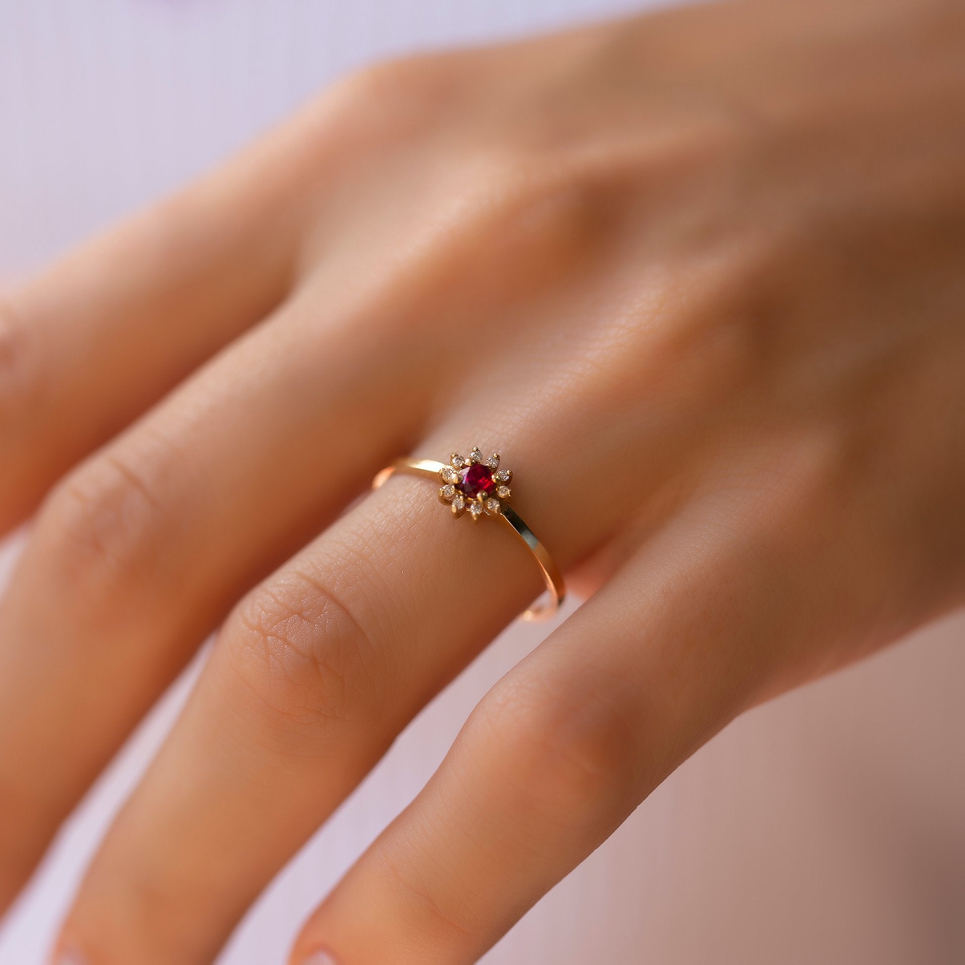 14K Gold Diamond Round Cut Ruby Ring