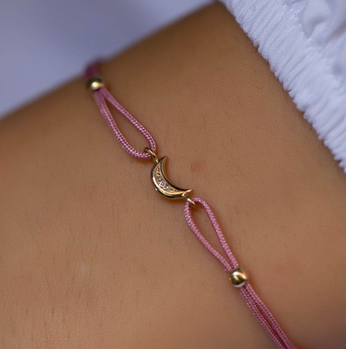 14K Gold Diamond Moon Charm Color Rope Bracelet