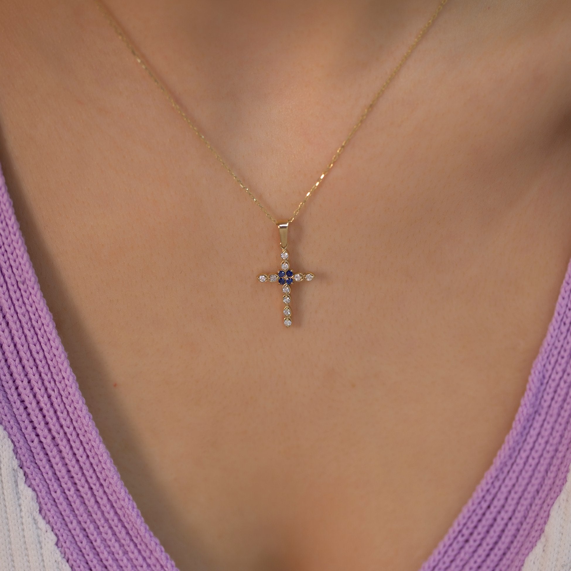 14K Gold Diamond Sapphire Cross Woman Necklace