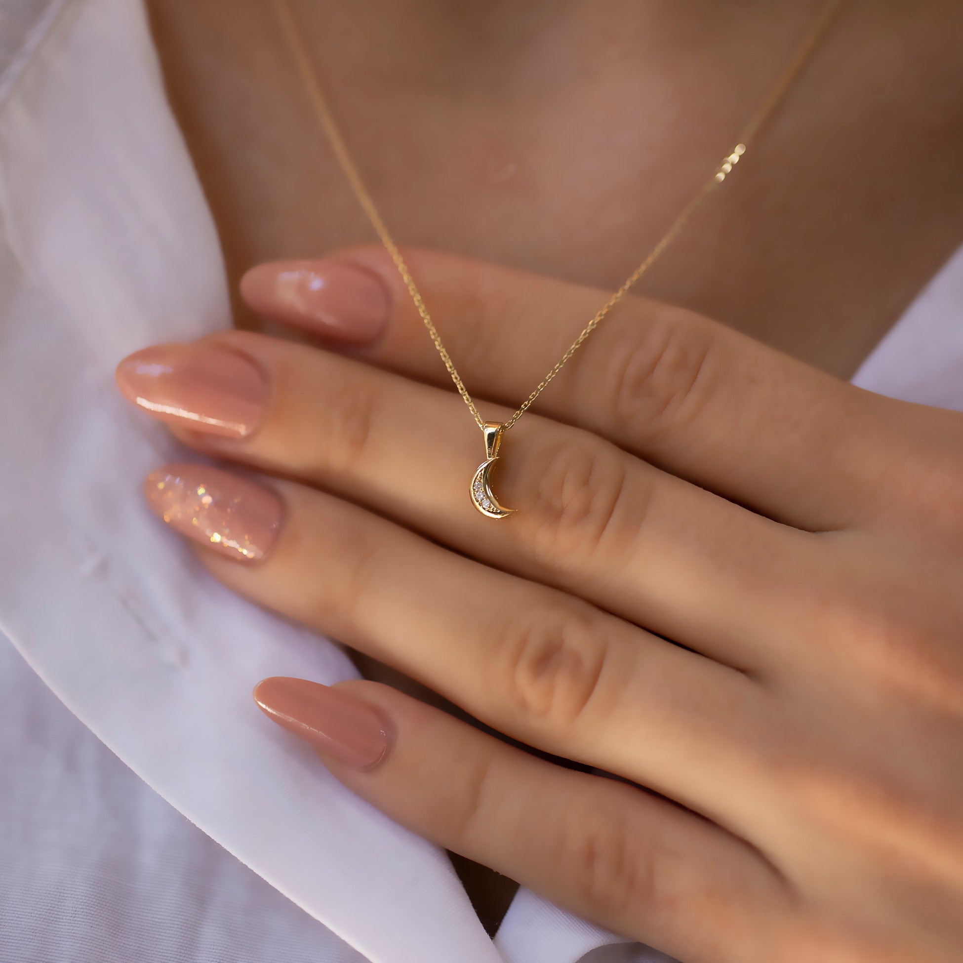 14K Gold Diamond Minimalist Crescent Moon Necklace