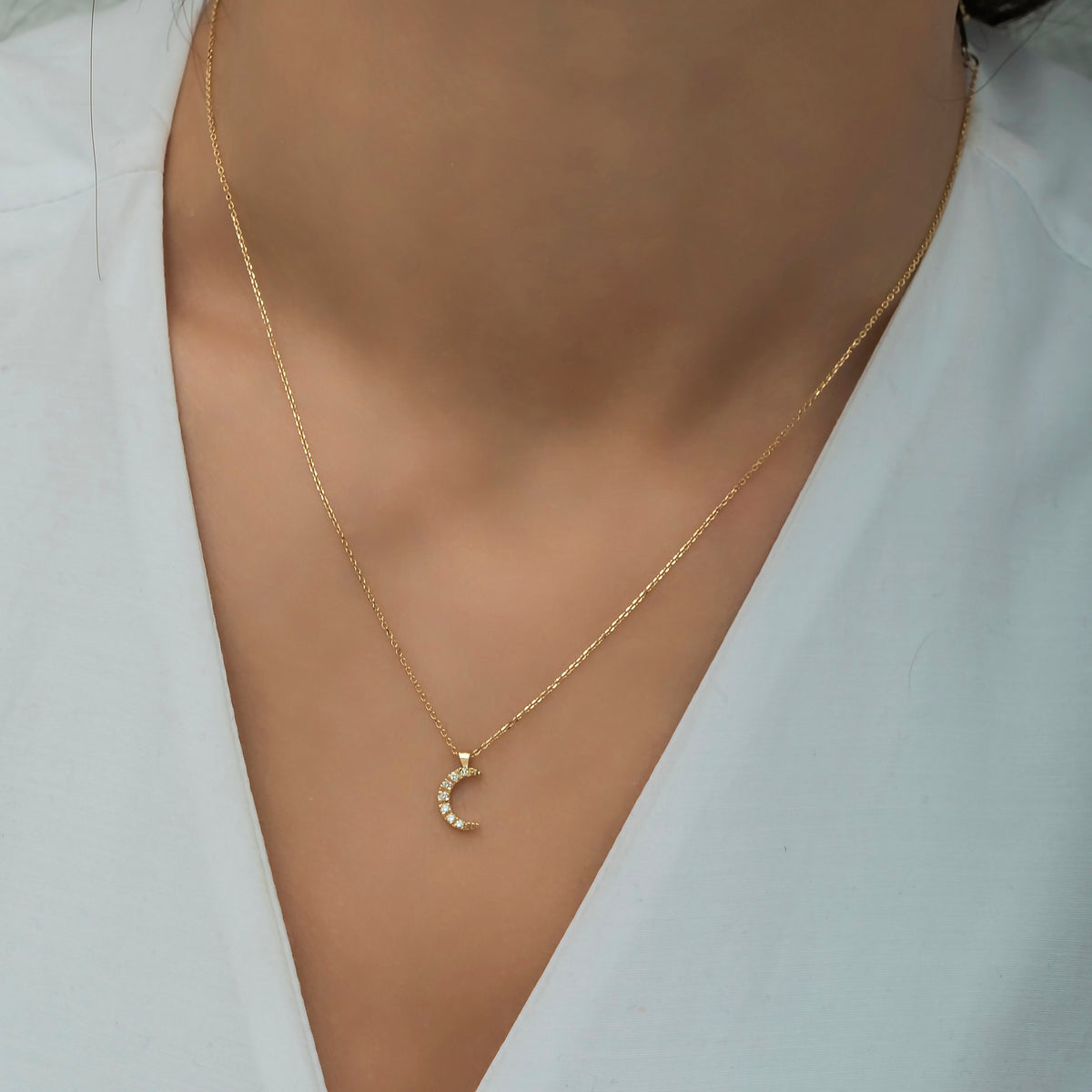 14K Gold Diamond Crescent Moon Necklace