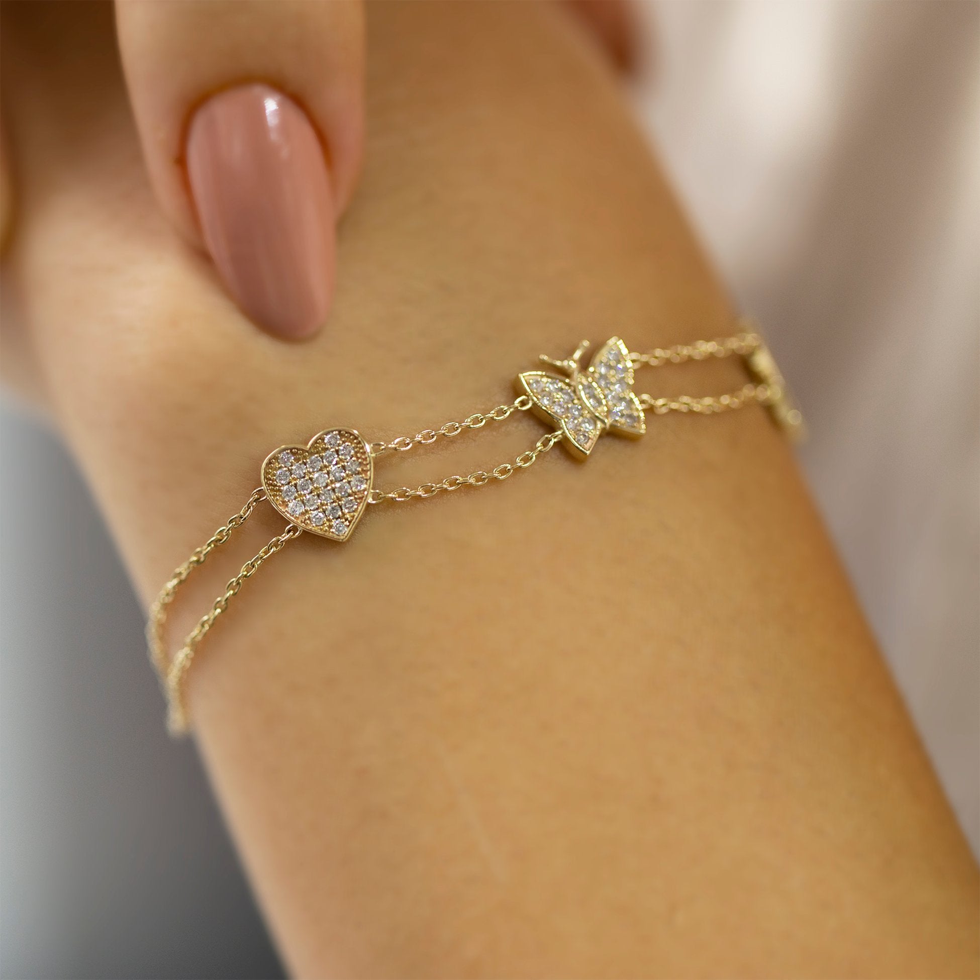 14K Gold Diamond Heart, Butterfly, Star Bracelet