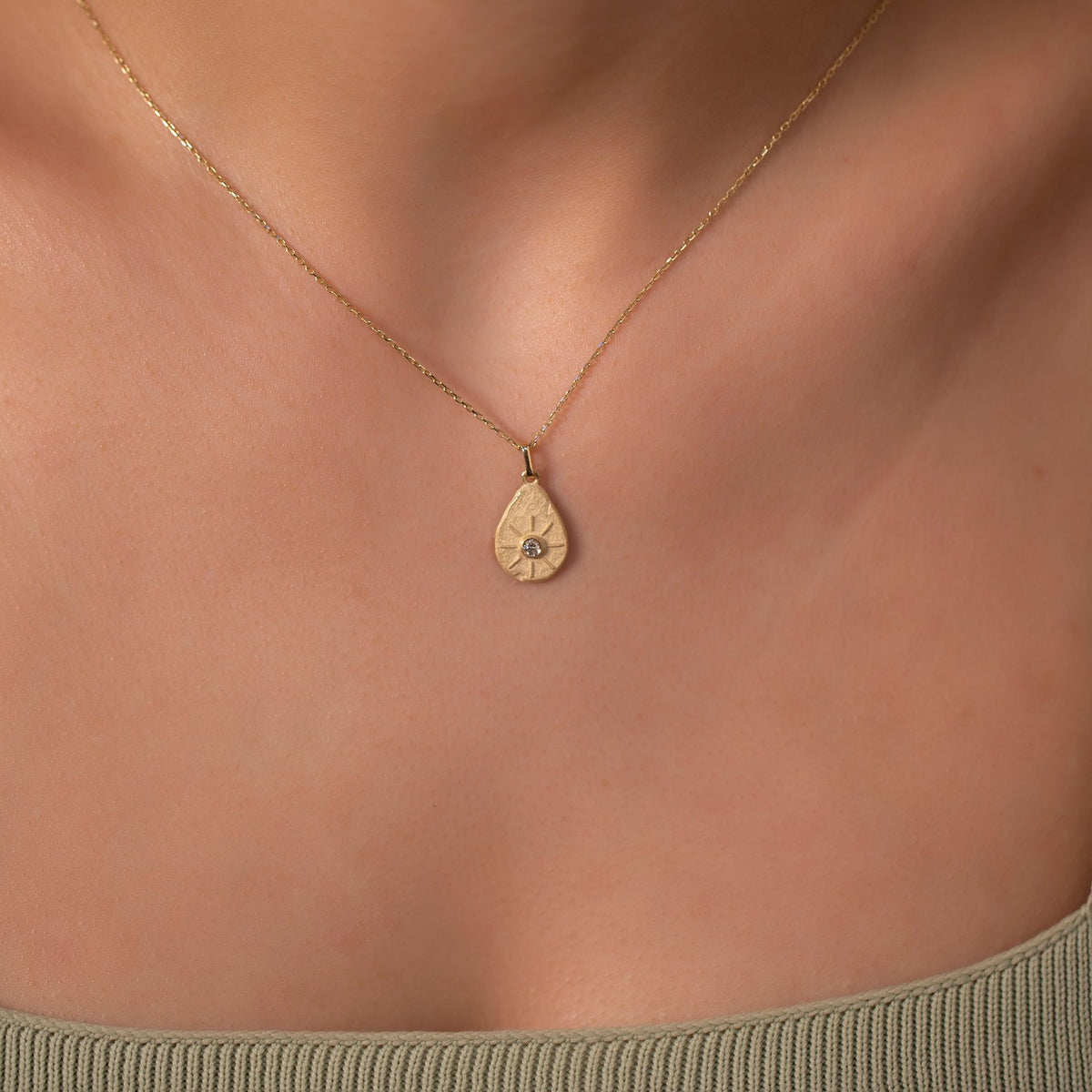 14K Gold Diamond Matte and Tumbled Pear Charm Necklace