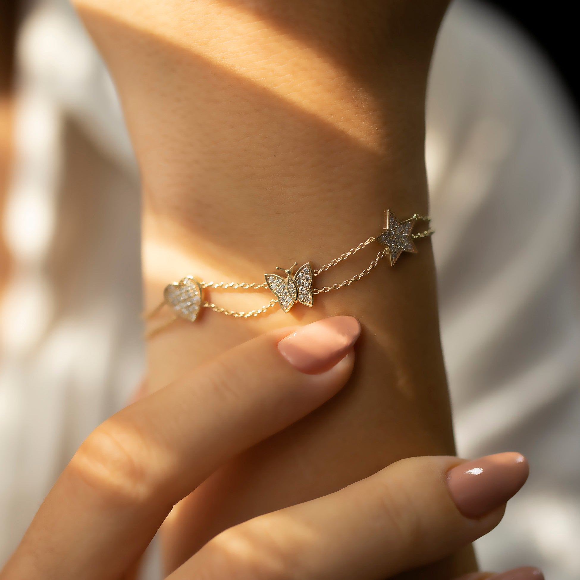 14K Gold Diamond Heart, Butterfly, Star Bracelet